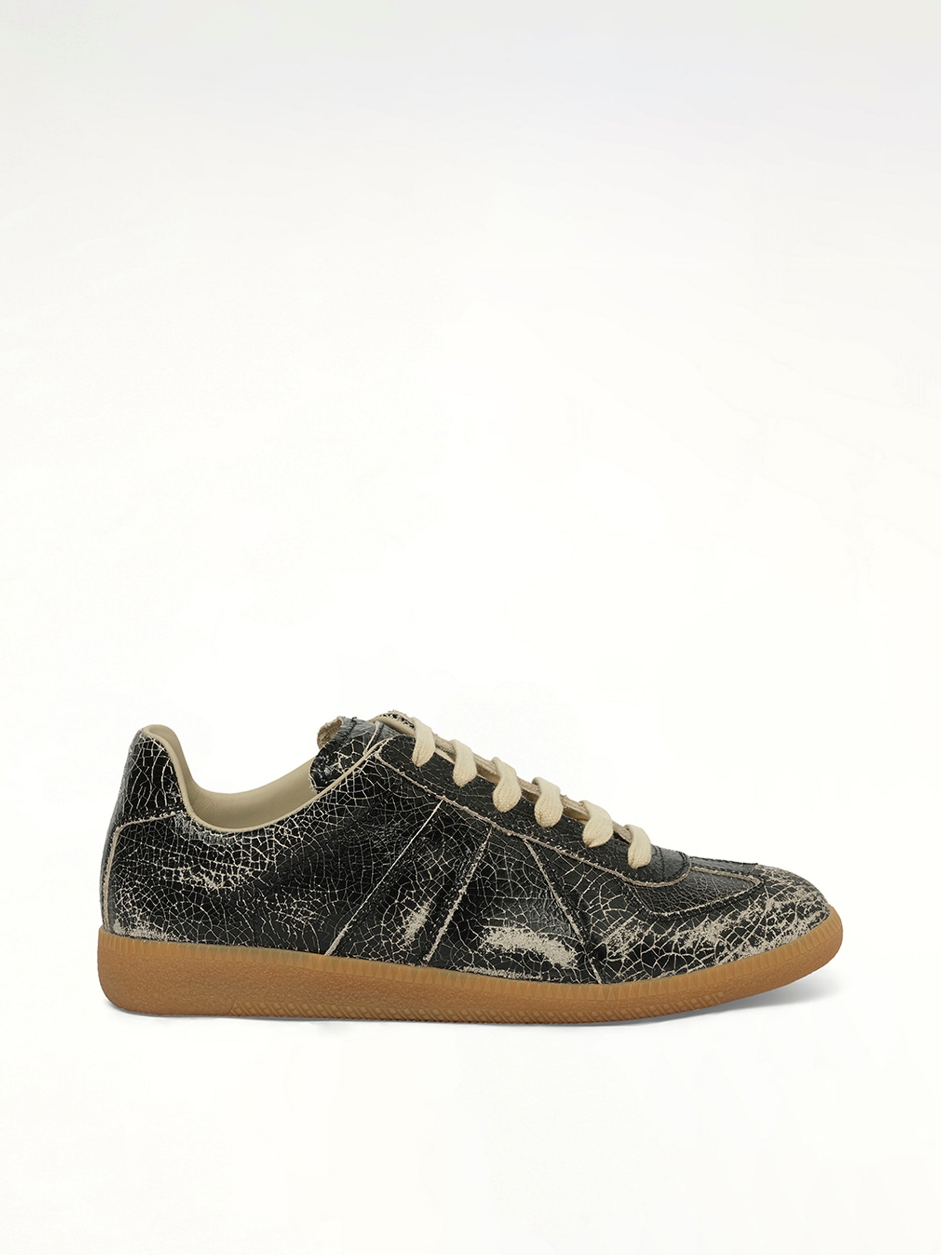 Replica Crackling Leather Sneaker in Black/White Side View | MAISON MARGIELA