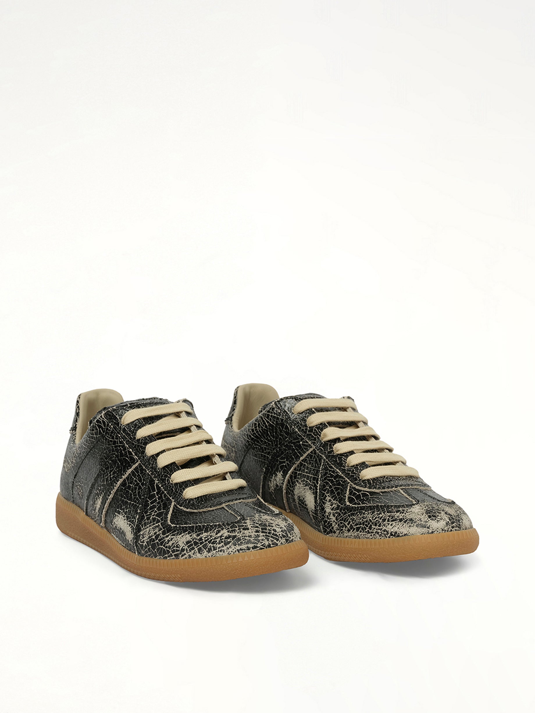 Replica Crackling Leather Sneaker in Black/White Front View | MAISON MARGIELA
