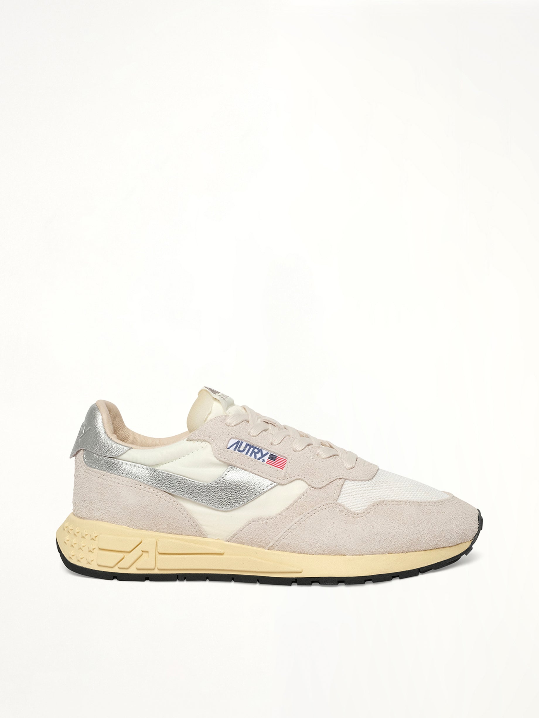 Reelwind Low Sneaker in White/Silver Side View | AUTRY