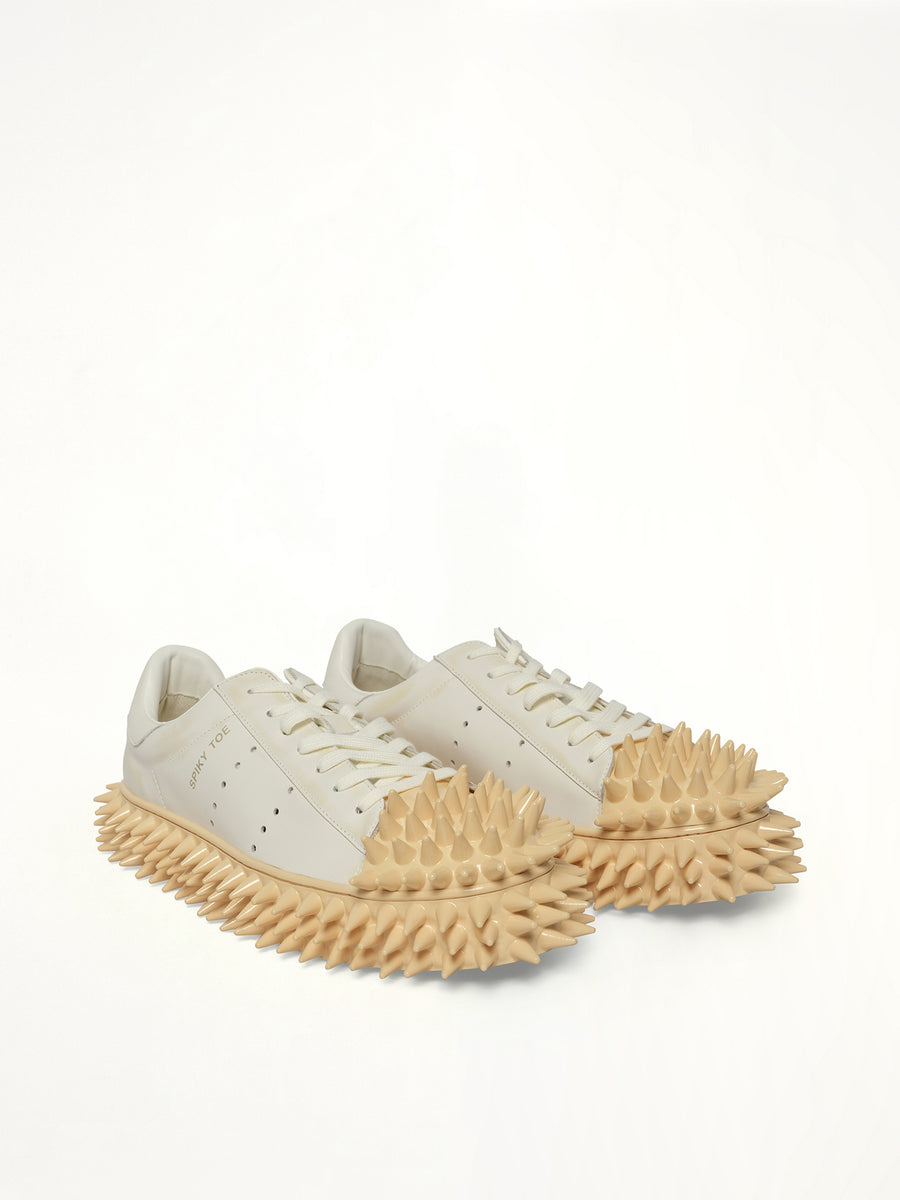 Spiky Leather Sneaker in White Front View | DOUBLET