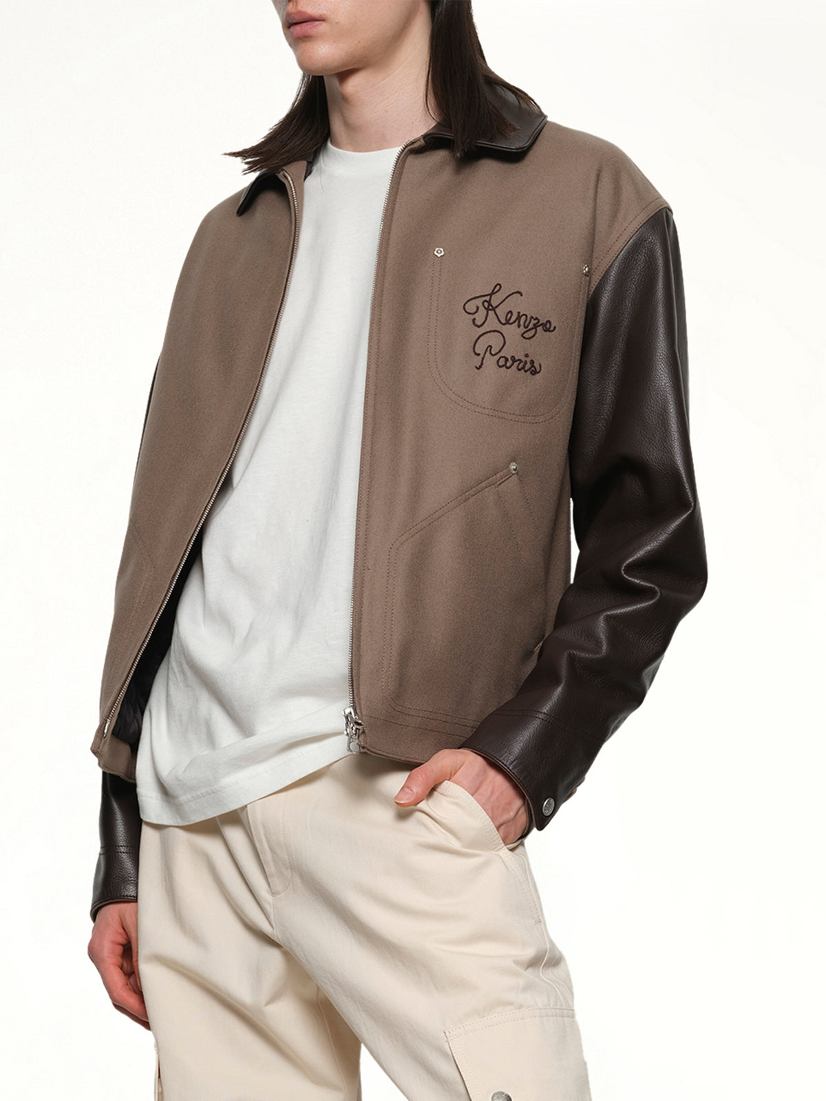Kenzo Paris Chainstitch Leather Wool Blouson in Taupe