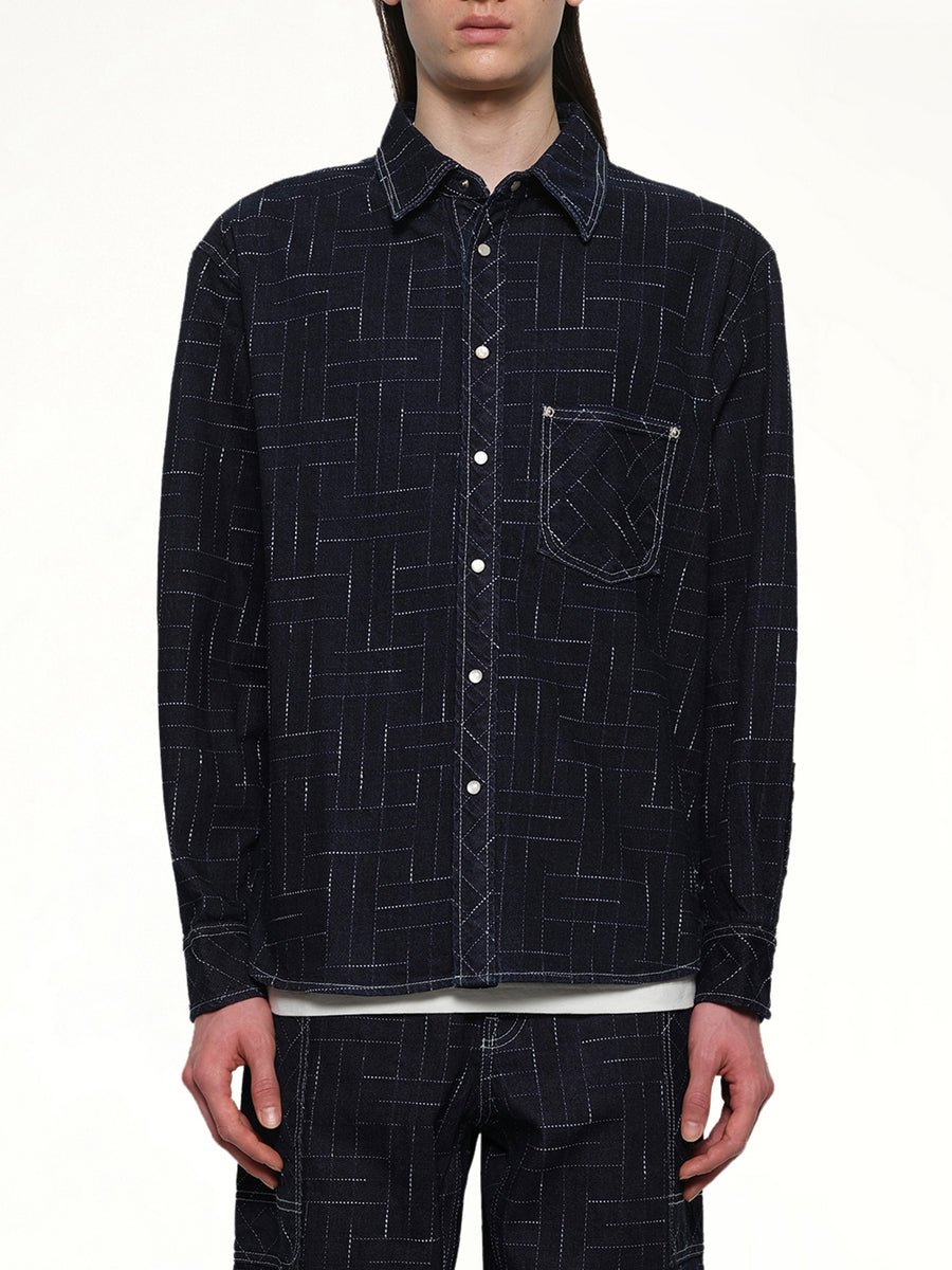 Kenzo Weave Casual Shirt in Rinse Blue Denim