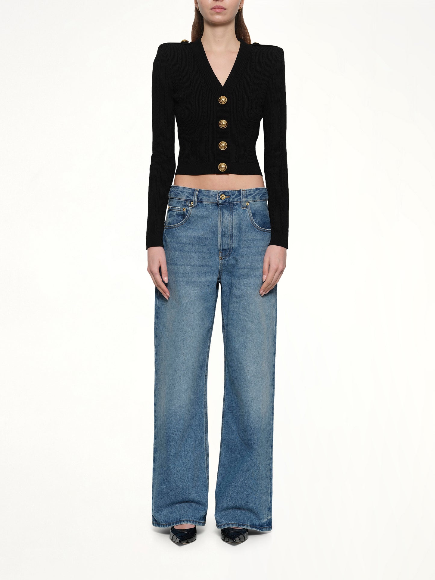 LS Buttoned V-Neck Torsade Knit Cardigan in Black