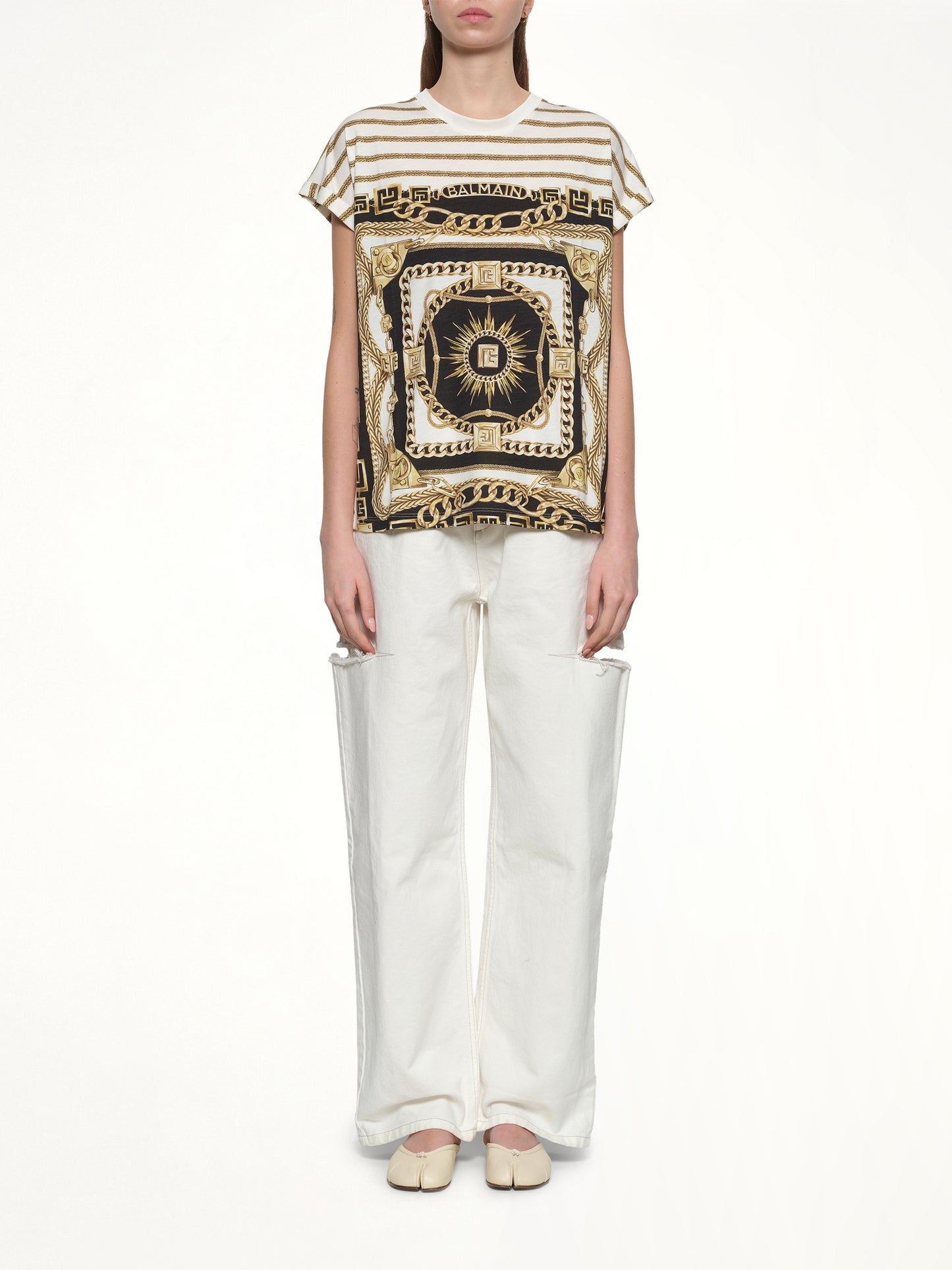 3 BTNS Foulard Print T-Shirt in White/Black/Gold