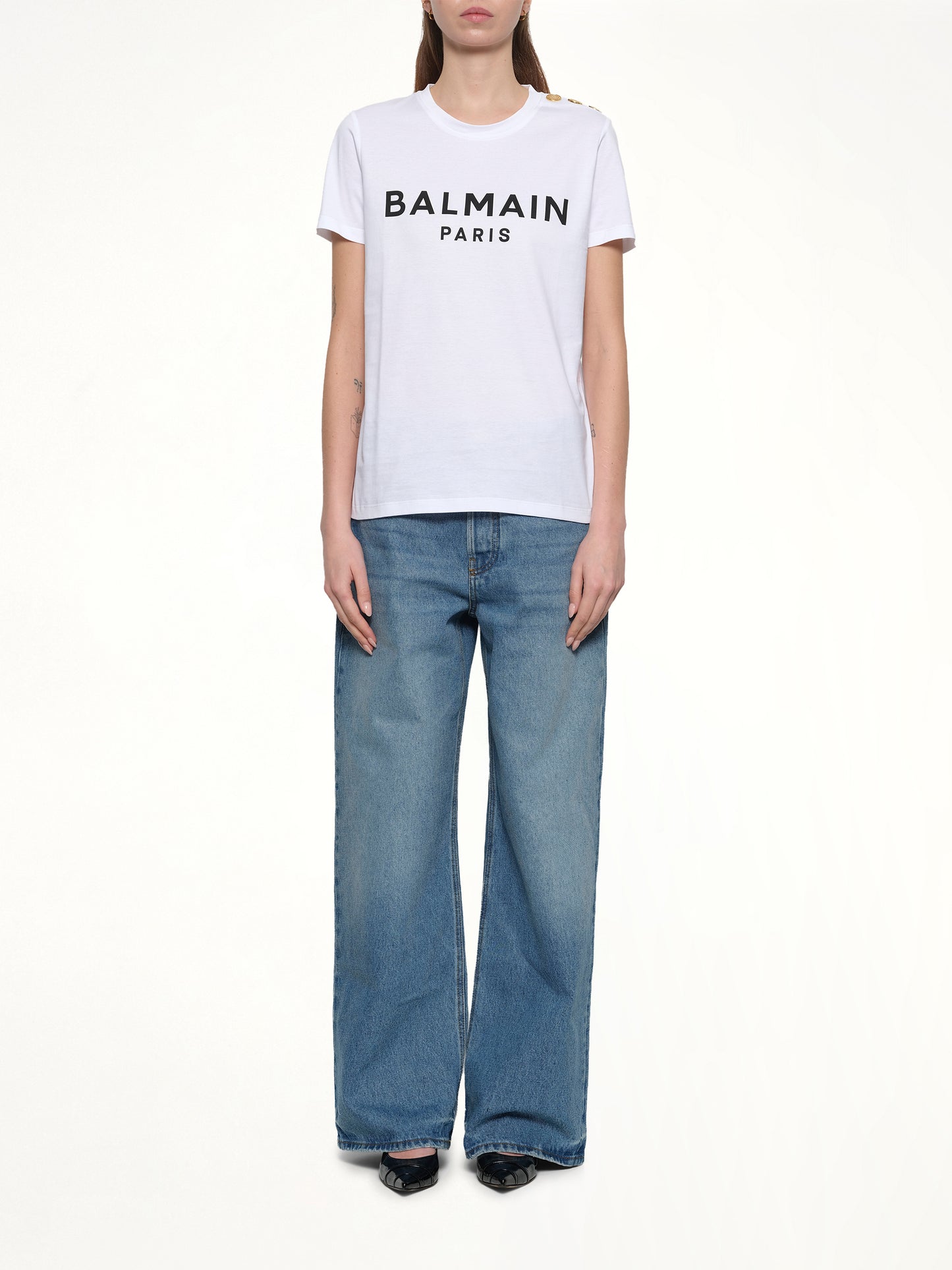 3 Button Printed Logo Classic Fit T-Shirt in White/Black