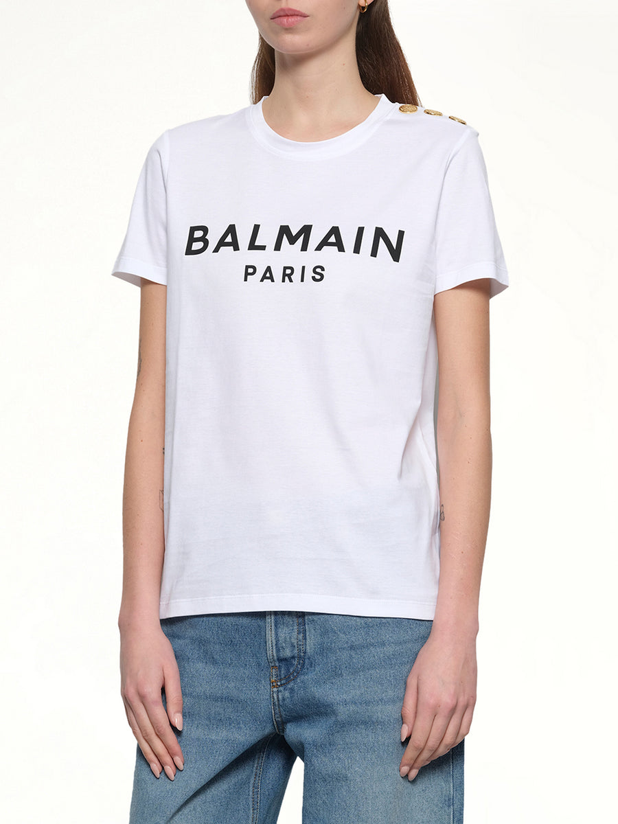 3 Button Printed Logo Classic Fit T-Shirt in White/Black