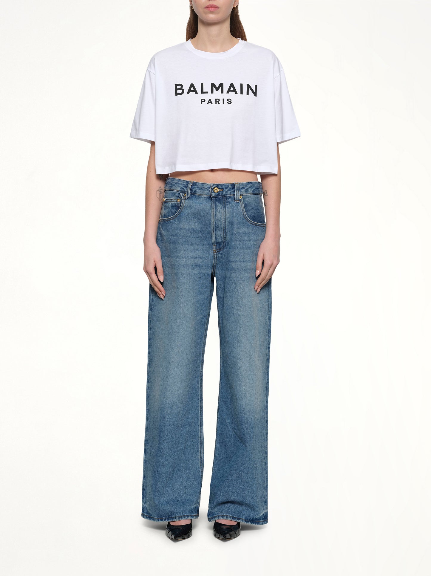 Logo Print Cropped T-Shirt in White/Black