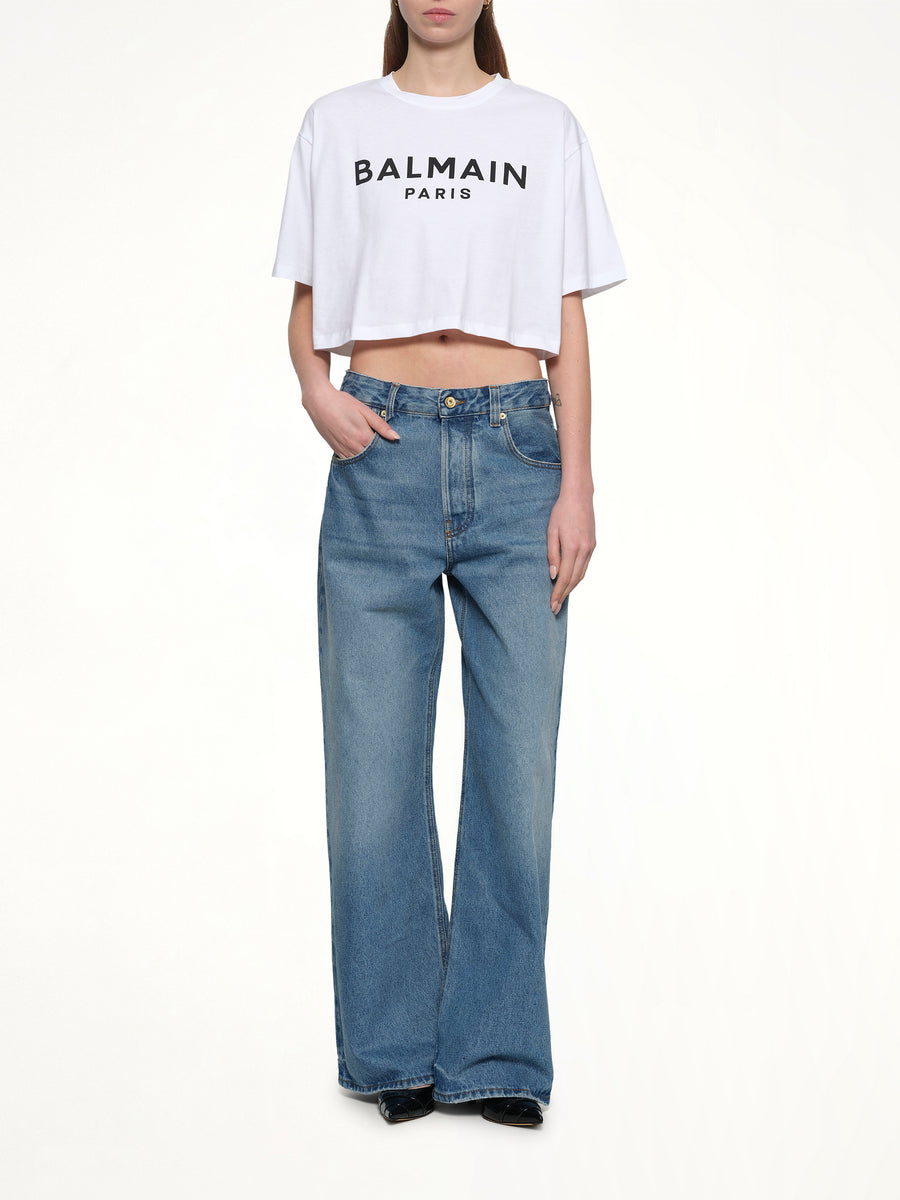 Logo Print Cropped T-Shirt in White/Black