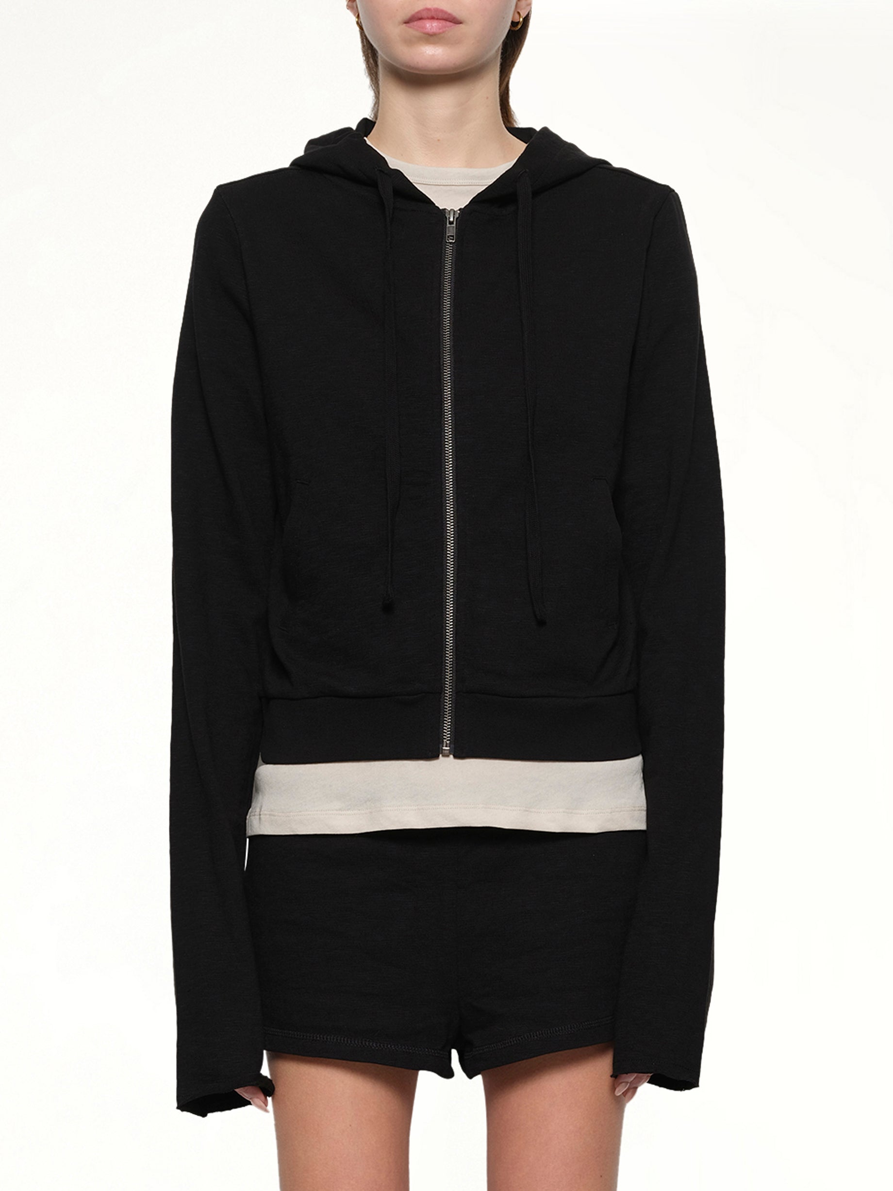 Lightweight Cropped Zip-Up Hoodie in Black