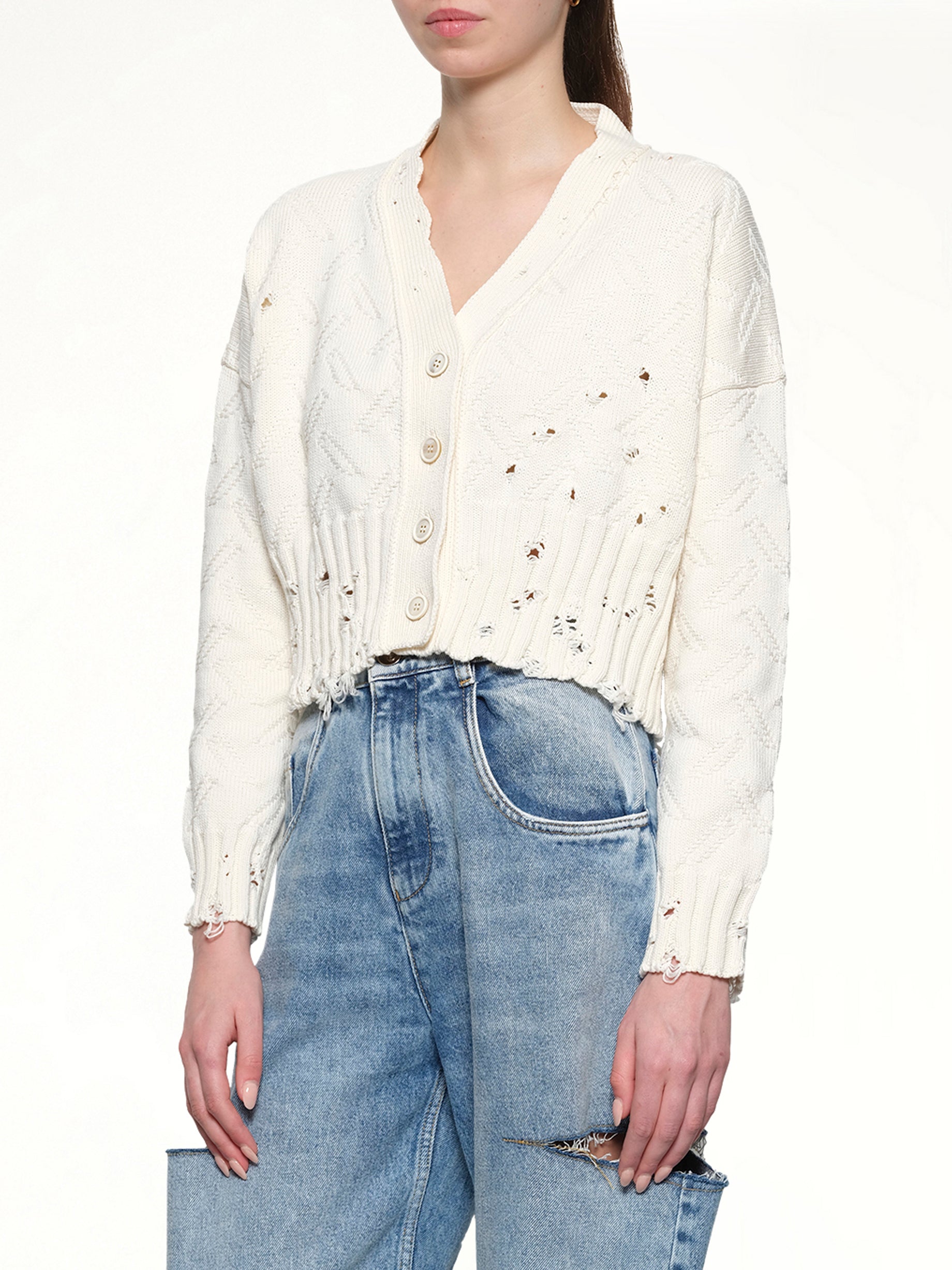 자카드 디셰블드 가디건 릴리 화이트