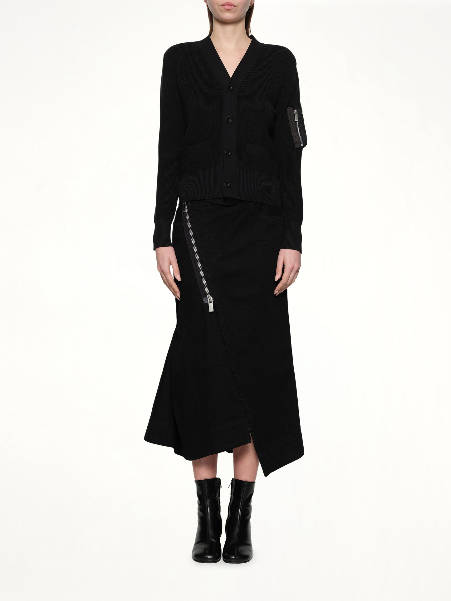 Nylon Twill x Cotton Knit Cardigan in Black