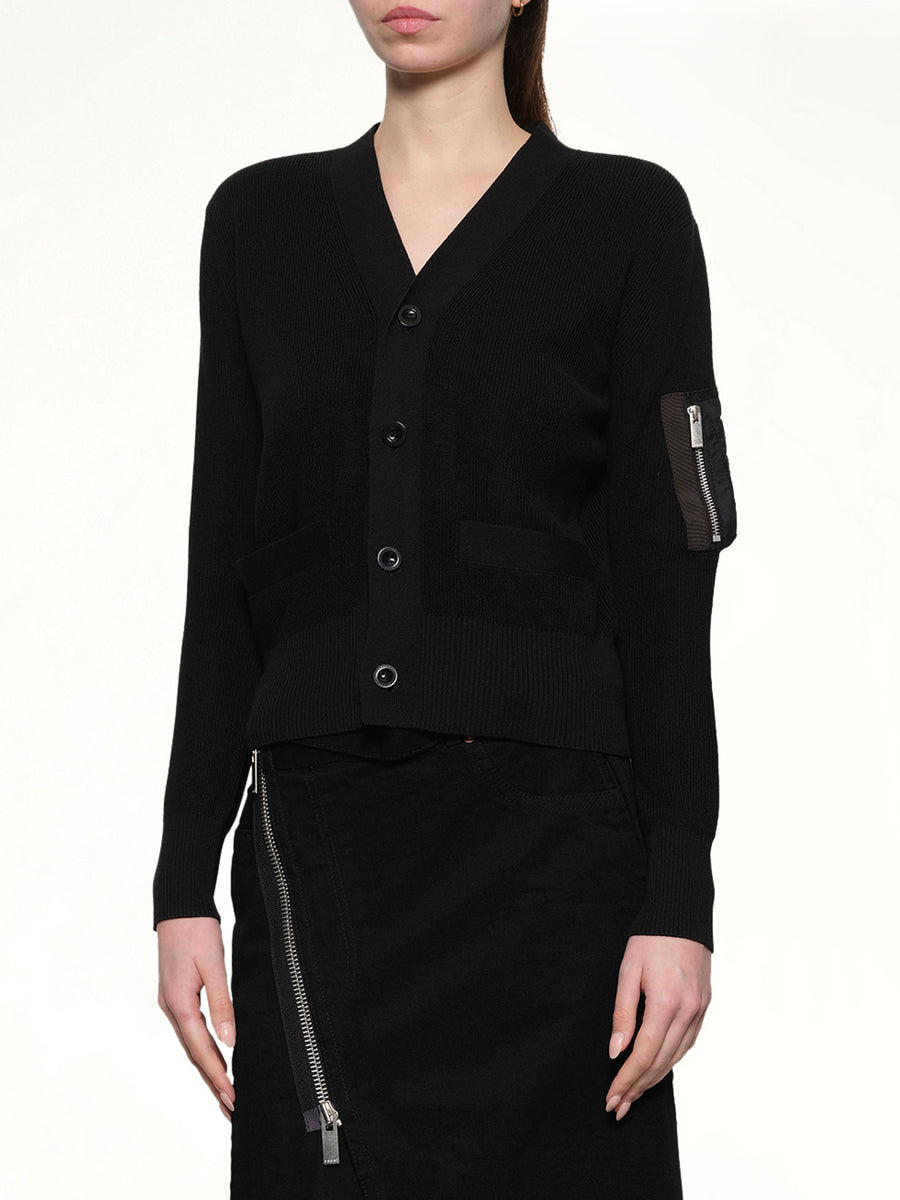 Nylon Twill x Cotton Knit Cardigan in Black