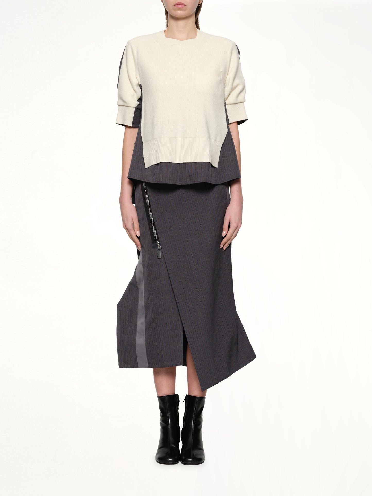 Stripe Doeskin x Wool Knit Pullover in Off White/Gray