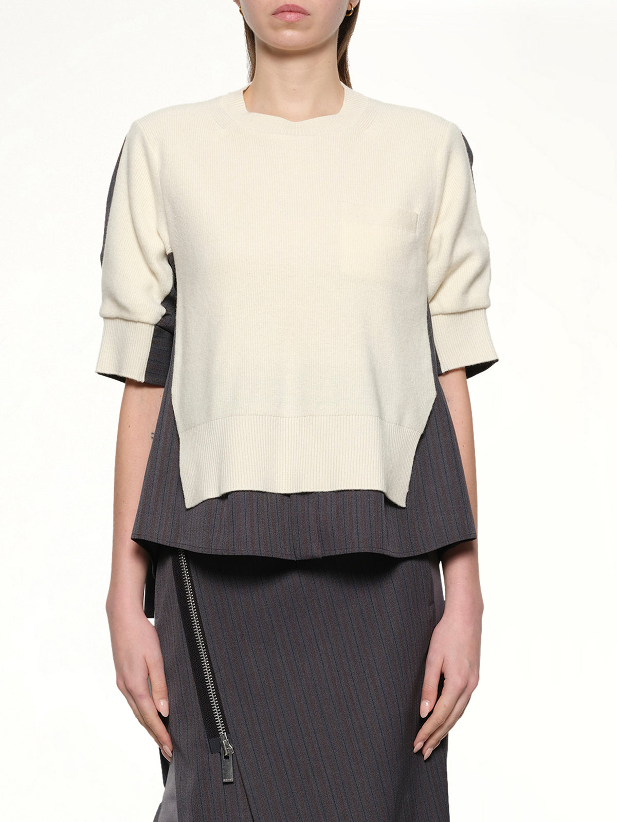 Stripe Doeskin x Wool Knit Pullover in Off White/Gray