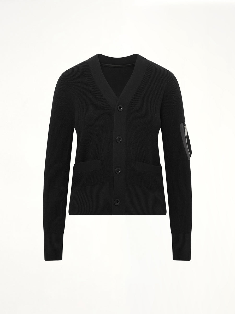 Nylon Twill x Cotton Knit Cardigan in Black