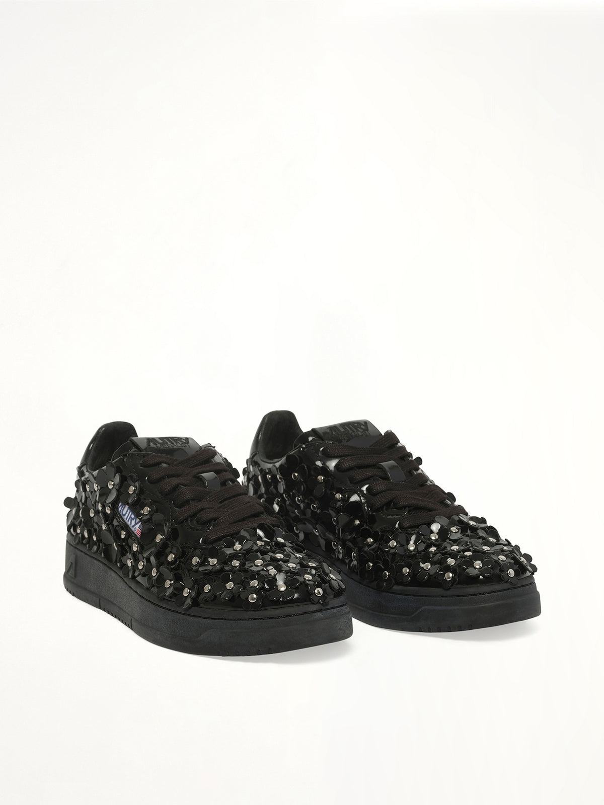 Medalist Low Patent Flower Sneaker in Black Front View | AUTRY