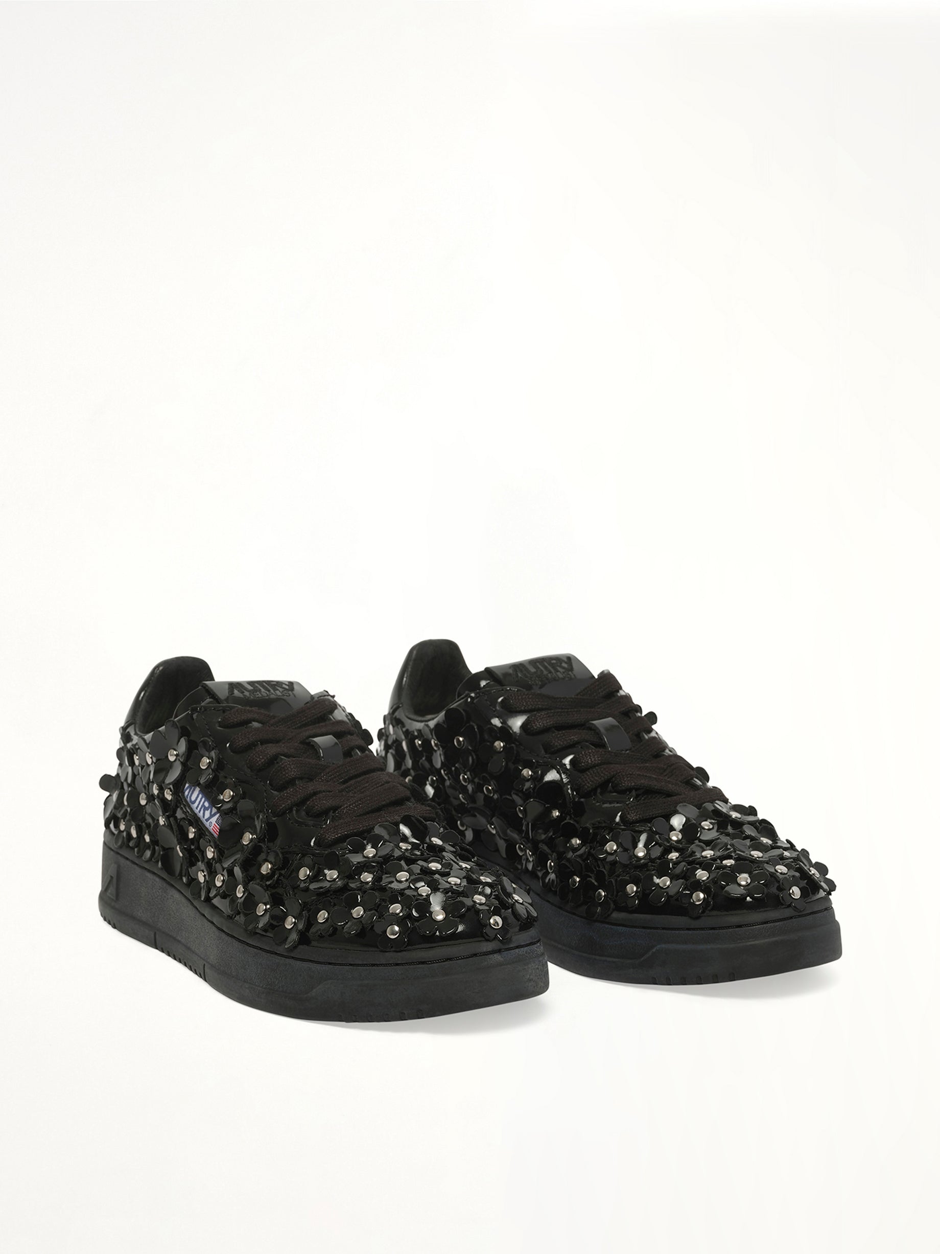 Medalist Low Patent Flower Sneaker in Black Front View | AUTRY