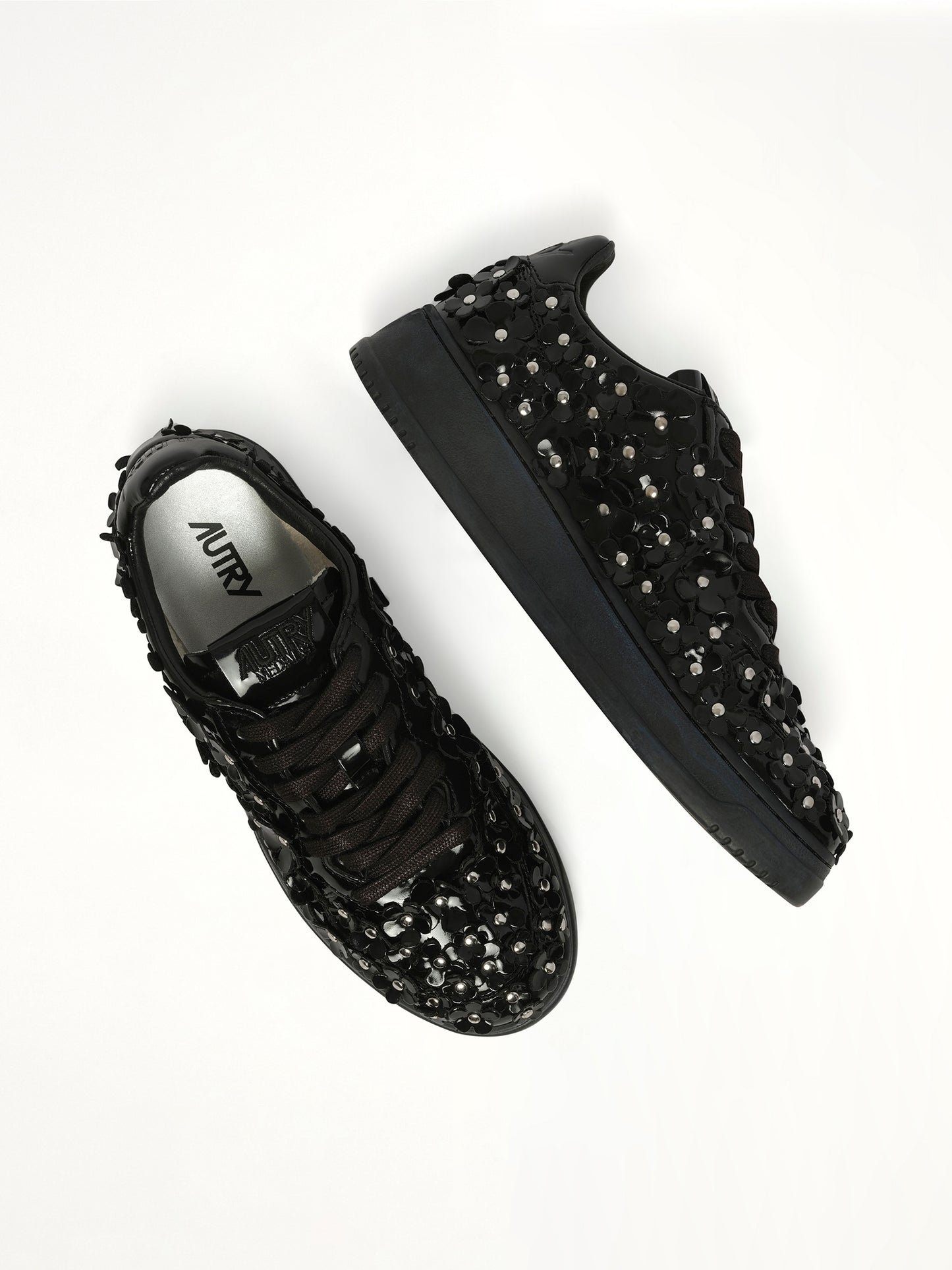 Medalist Low Patent Flower Sneaker in Black