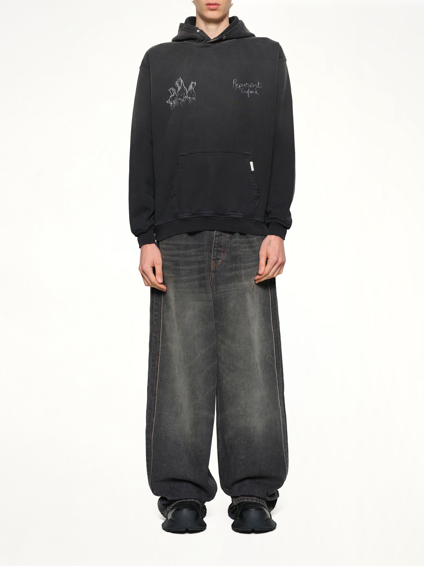 Hand Drawn Thoroughbred Horse Hoodie in Aged Black