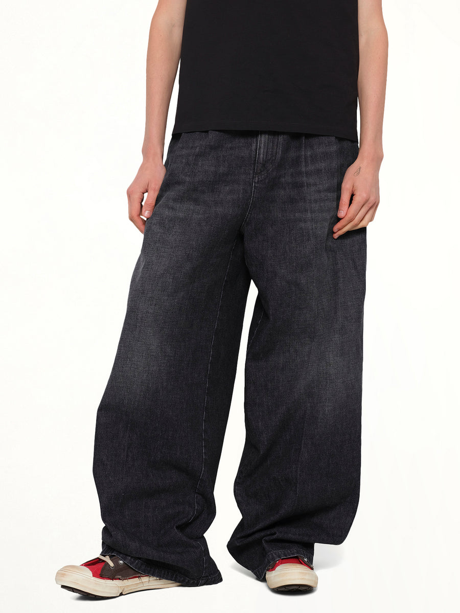 Wide Denim Pants in Washed Black
