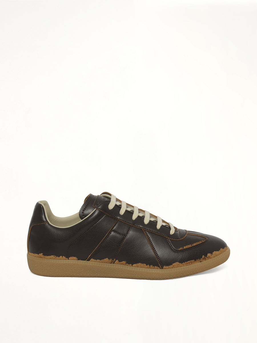 Replica Leather Sneaker in Dark Brown/Camel Side View | MAISON MARGIELA