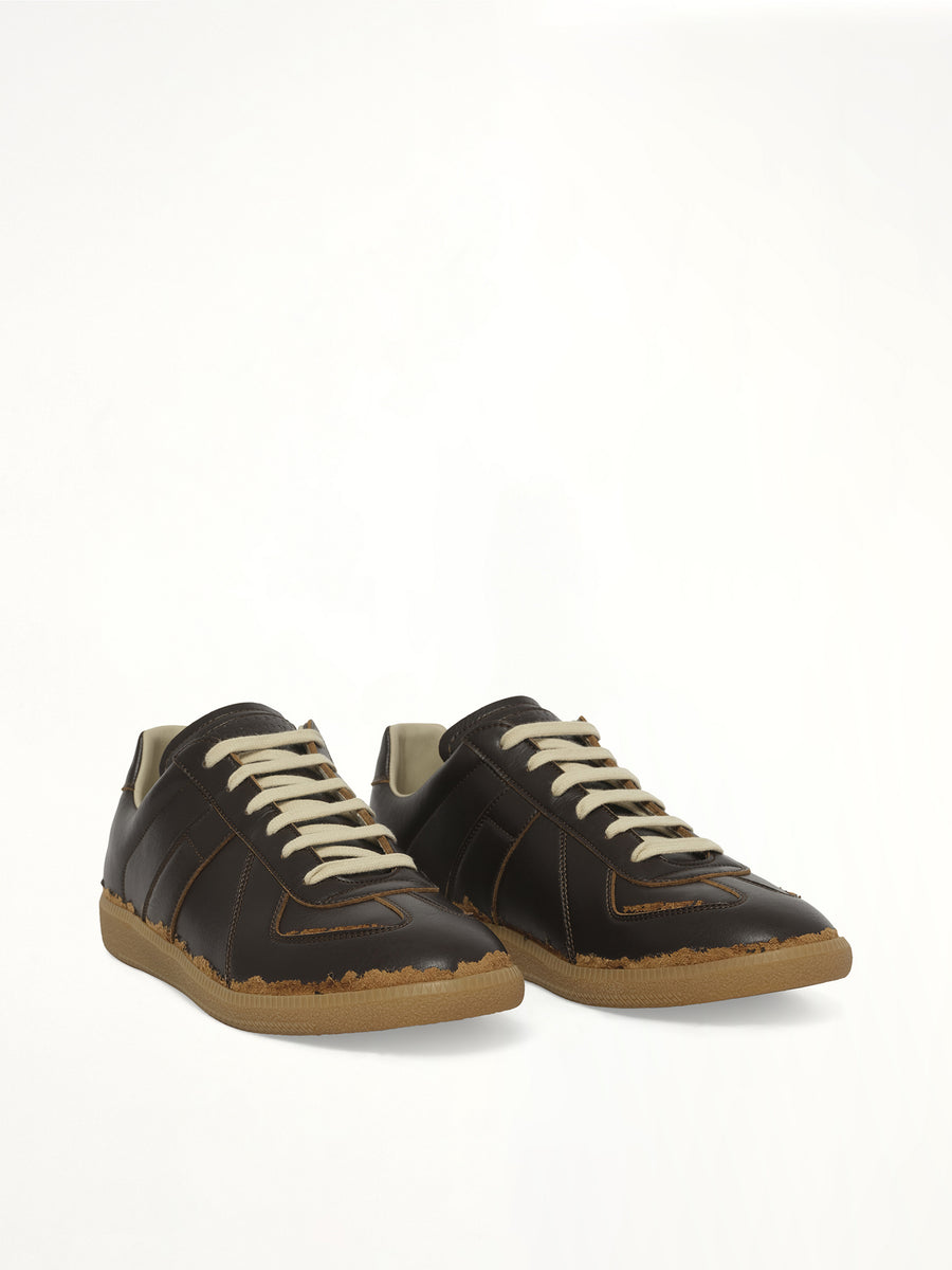 Replica Leather Sneaker in Dark Brown/Camel Front View | MAISON MARGIELA