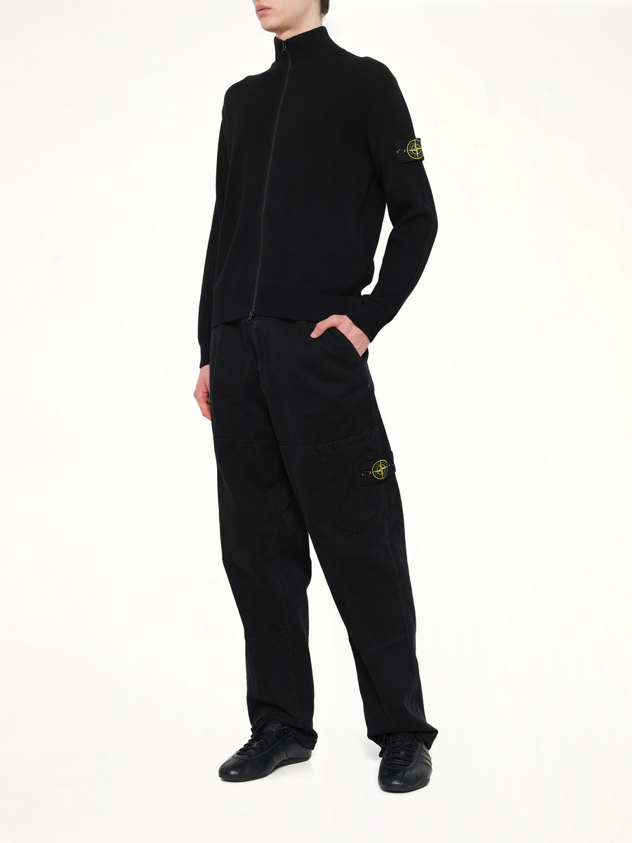 5100126 Ribbed Cotton Zip-Up Cardigan in Black