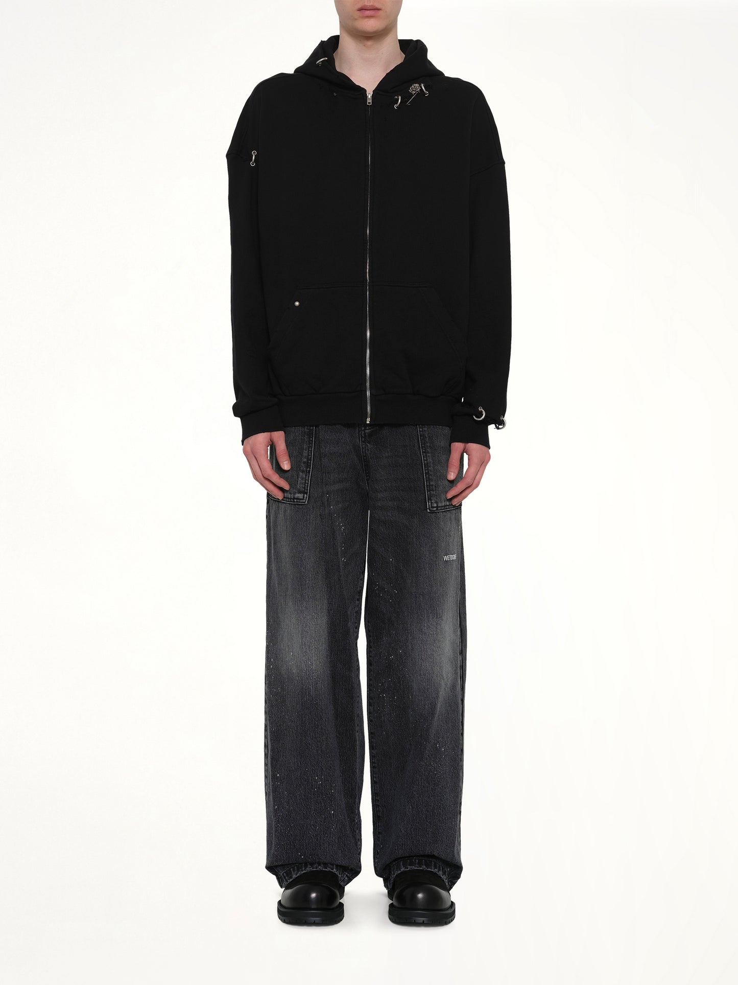 Piercing Detail Zip-Up Hoodie in Black