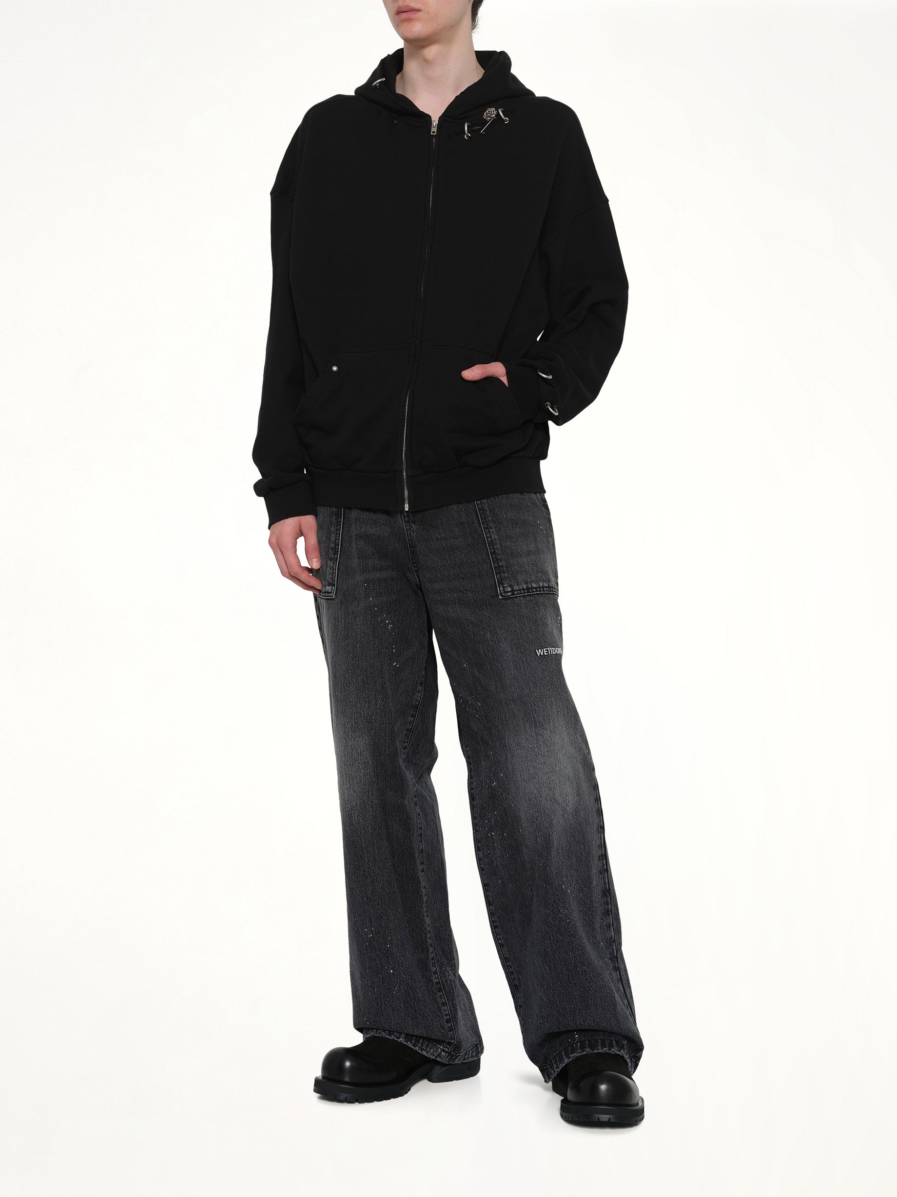 Piercing Detail Zip-Up Hoodie in Black