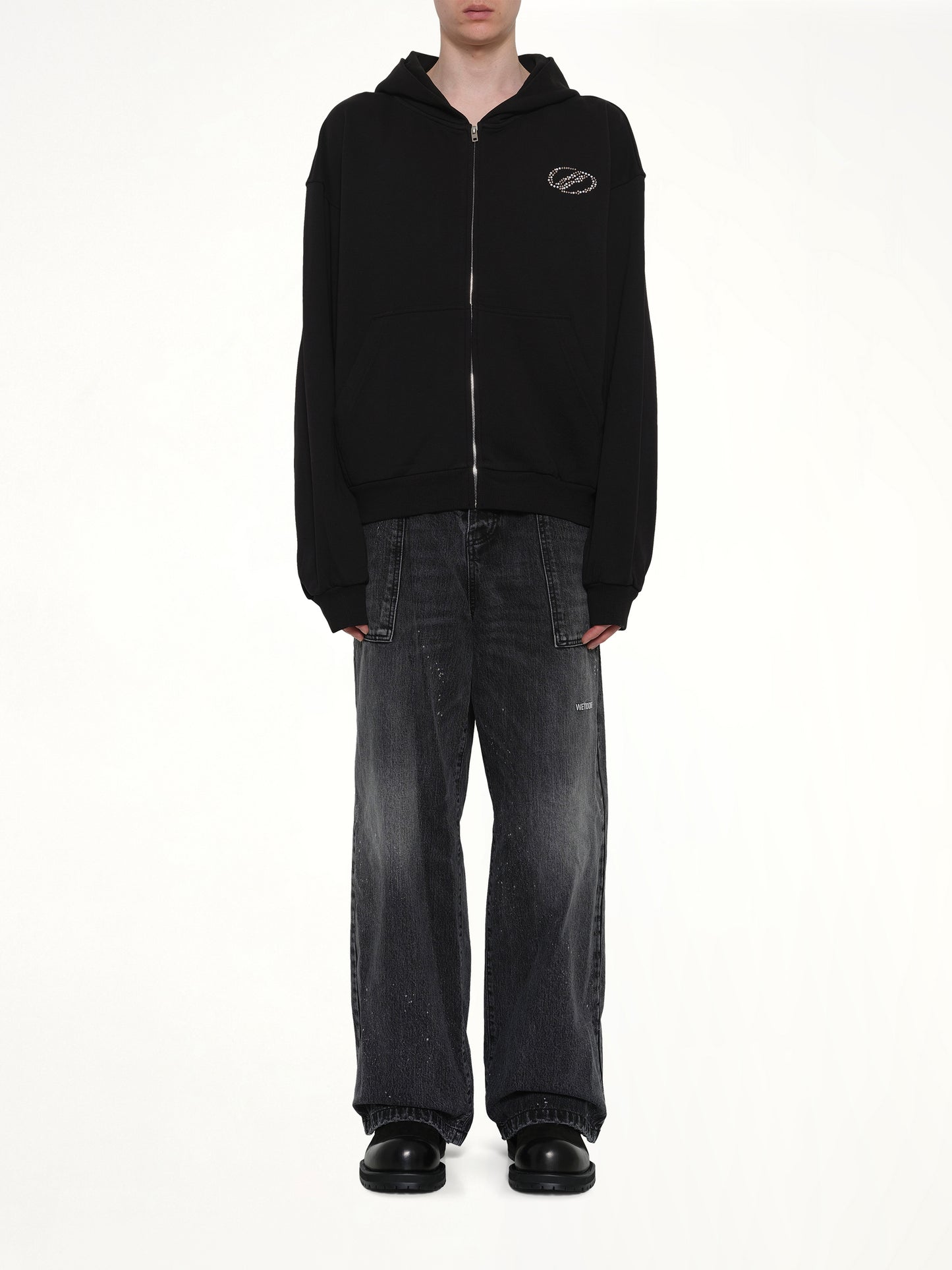 Rhinestone Zip-Up Balloon Hoodie in Black