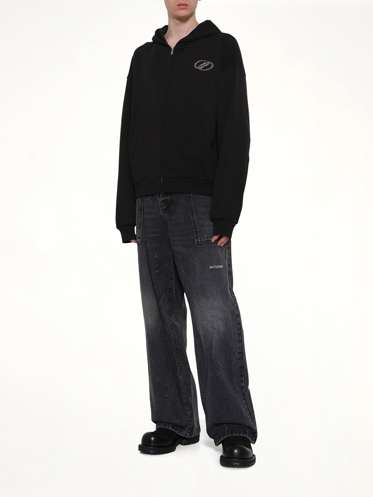 Rhinestone Zip-Up Balloon Hoodie in Black