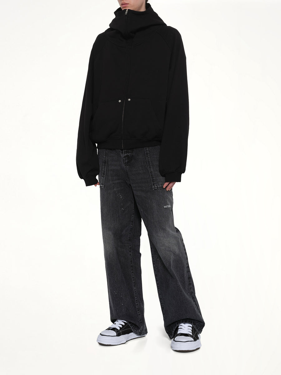 Snap-Detail Jersey Zip-Up Hoodie in Black