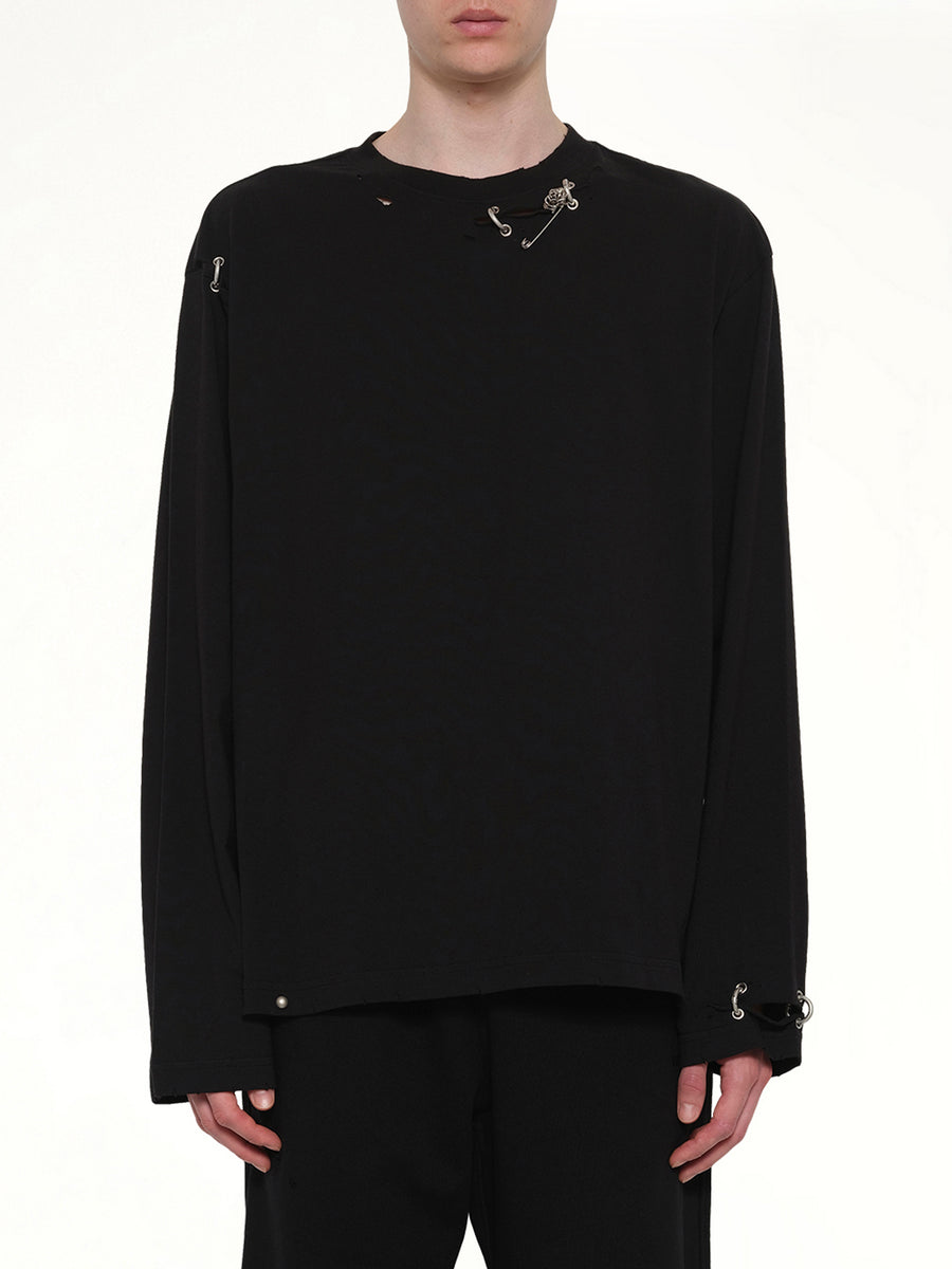 Piercing Detail Long Sleeve T-Shirt in Black