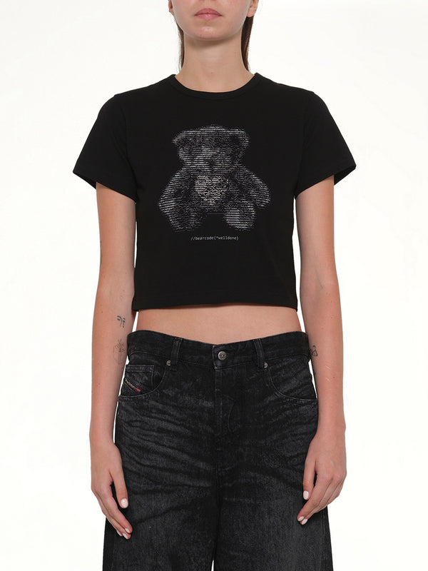 ブラックのベアプリントスリムフィットTシャツ