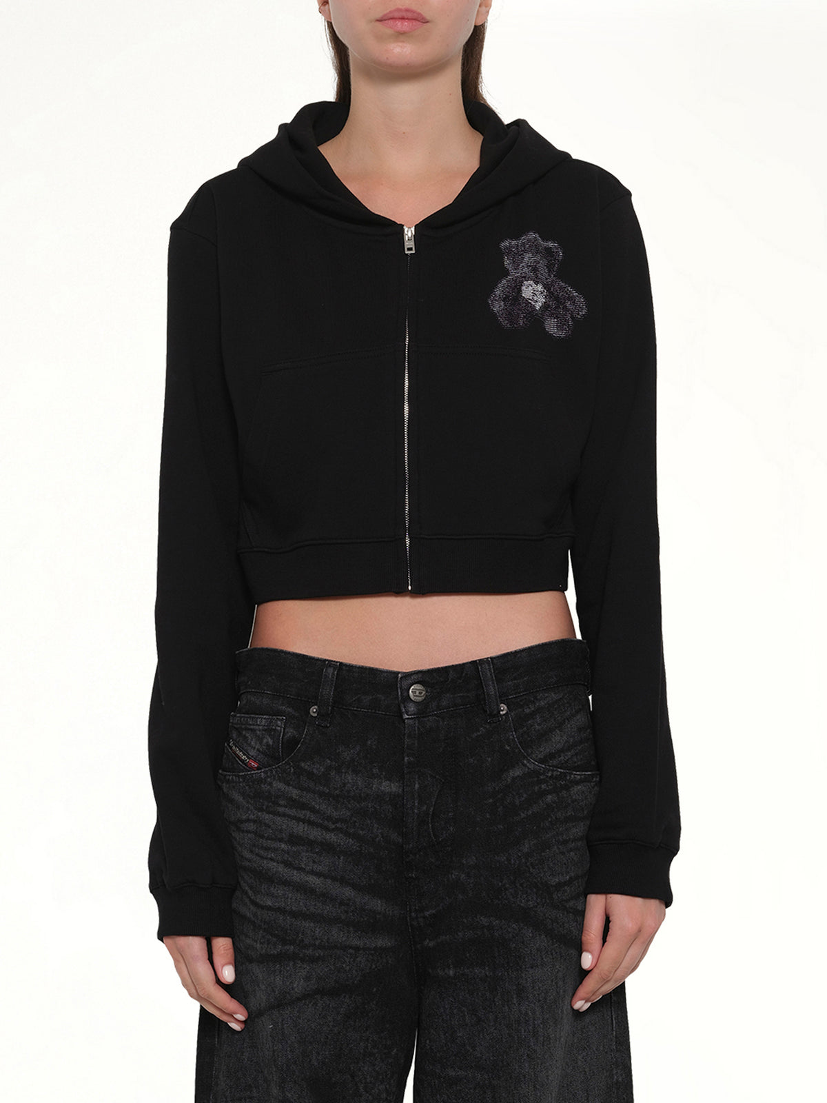 Teddy Bear Zip-Up Slim-Fit Hoodie in Black