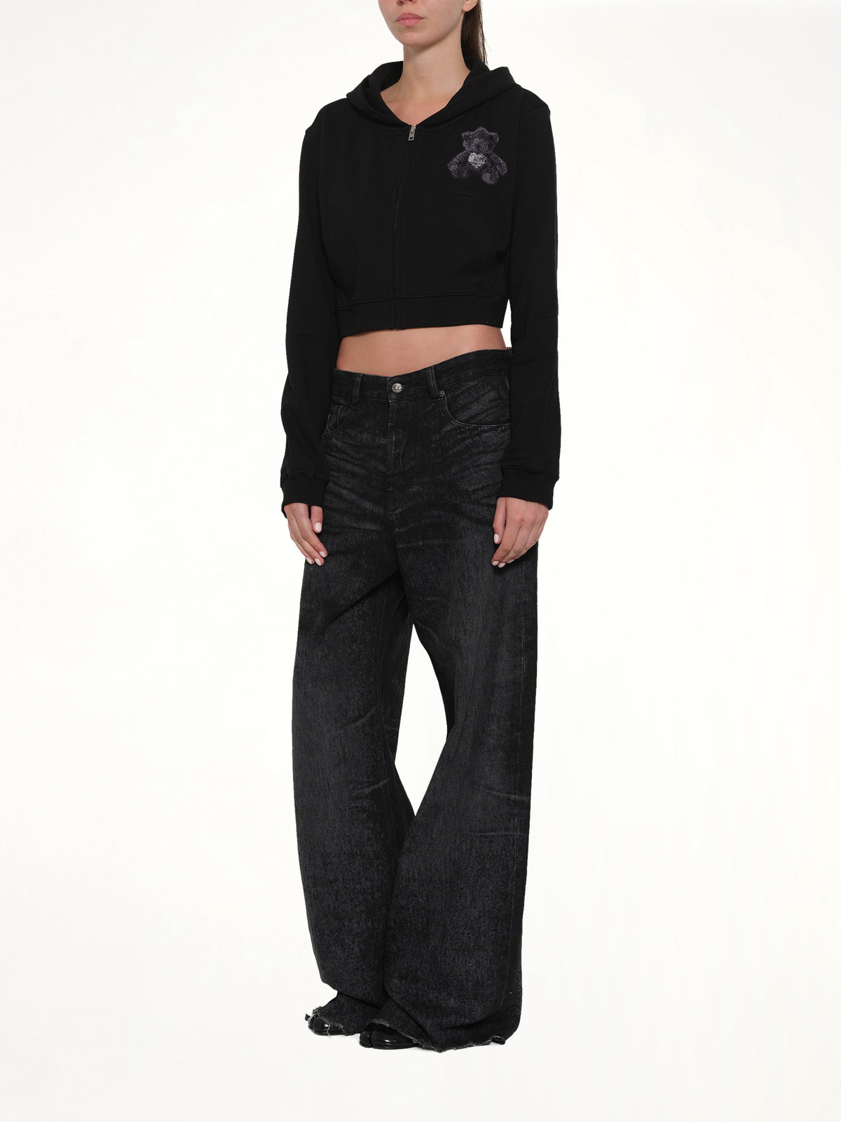 Teddy Bear Zip-Up Slim-Fit Hoodie in Black