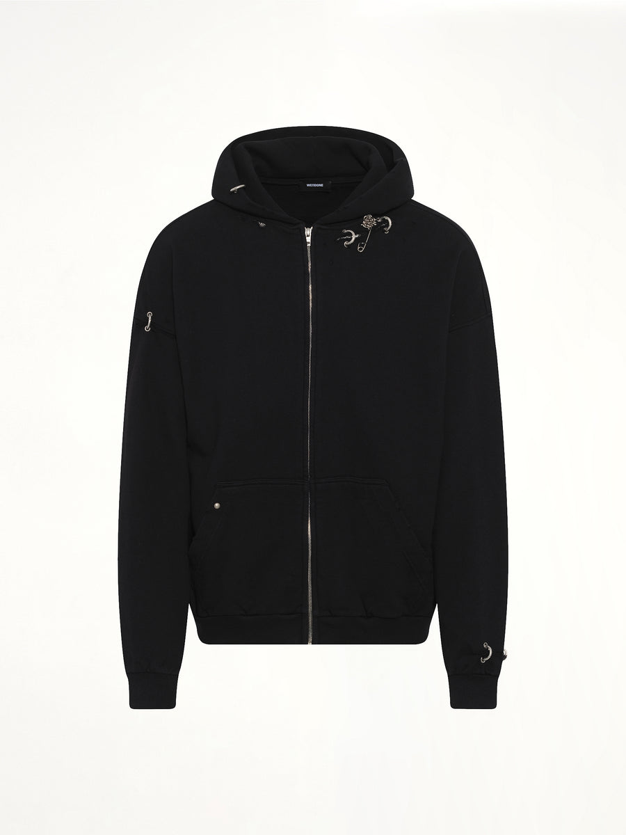 Piercing Detail Zip-Up Hoodie in Black