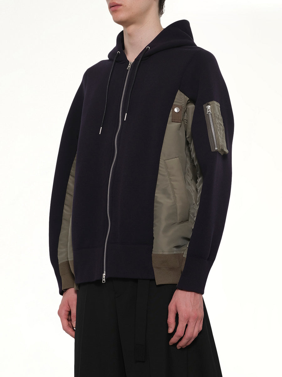Sponge Sweat x Nylon Twill Zip Hoodie in Navy/Khaki