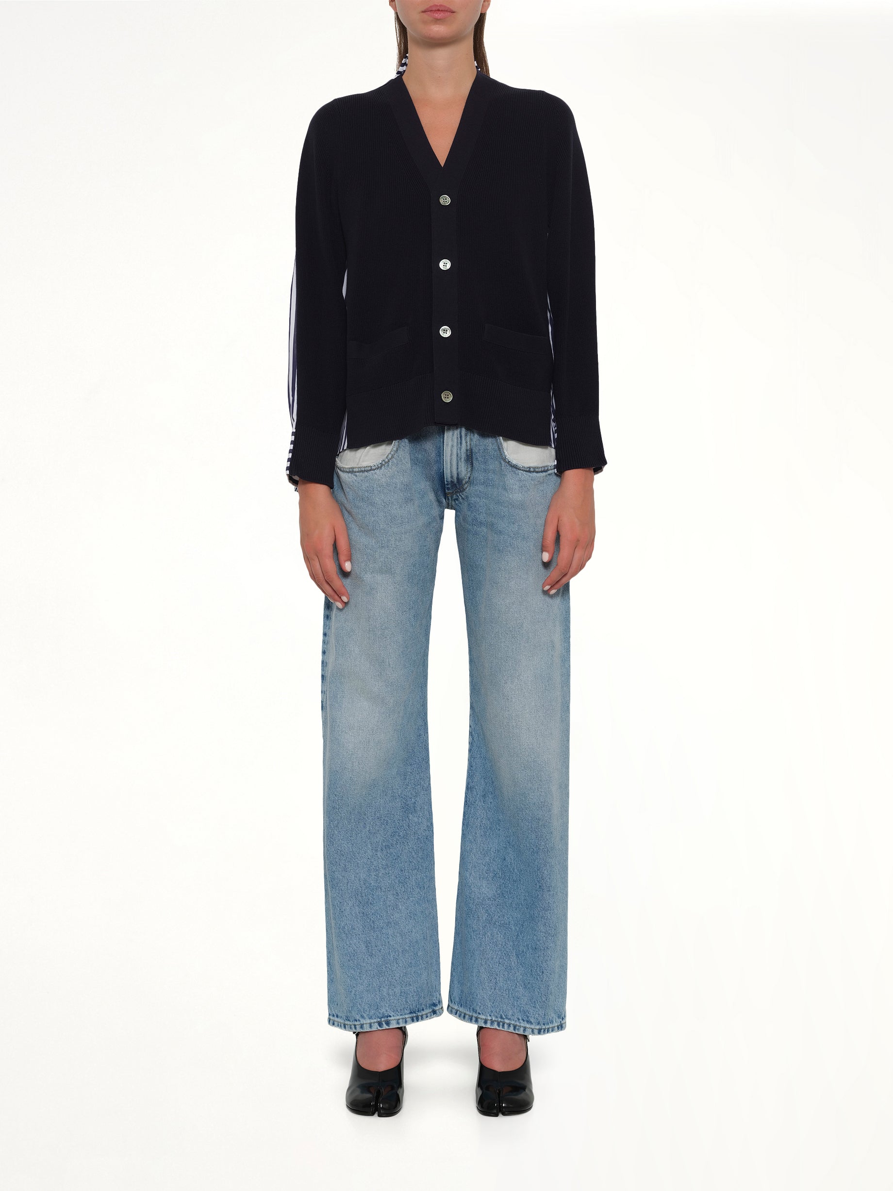 Cotton Knit x Cotton Poplin Cardigan in Navy