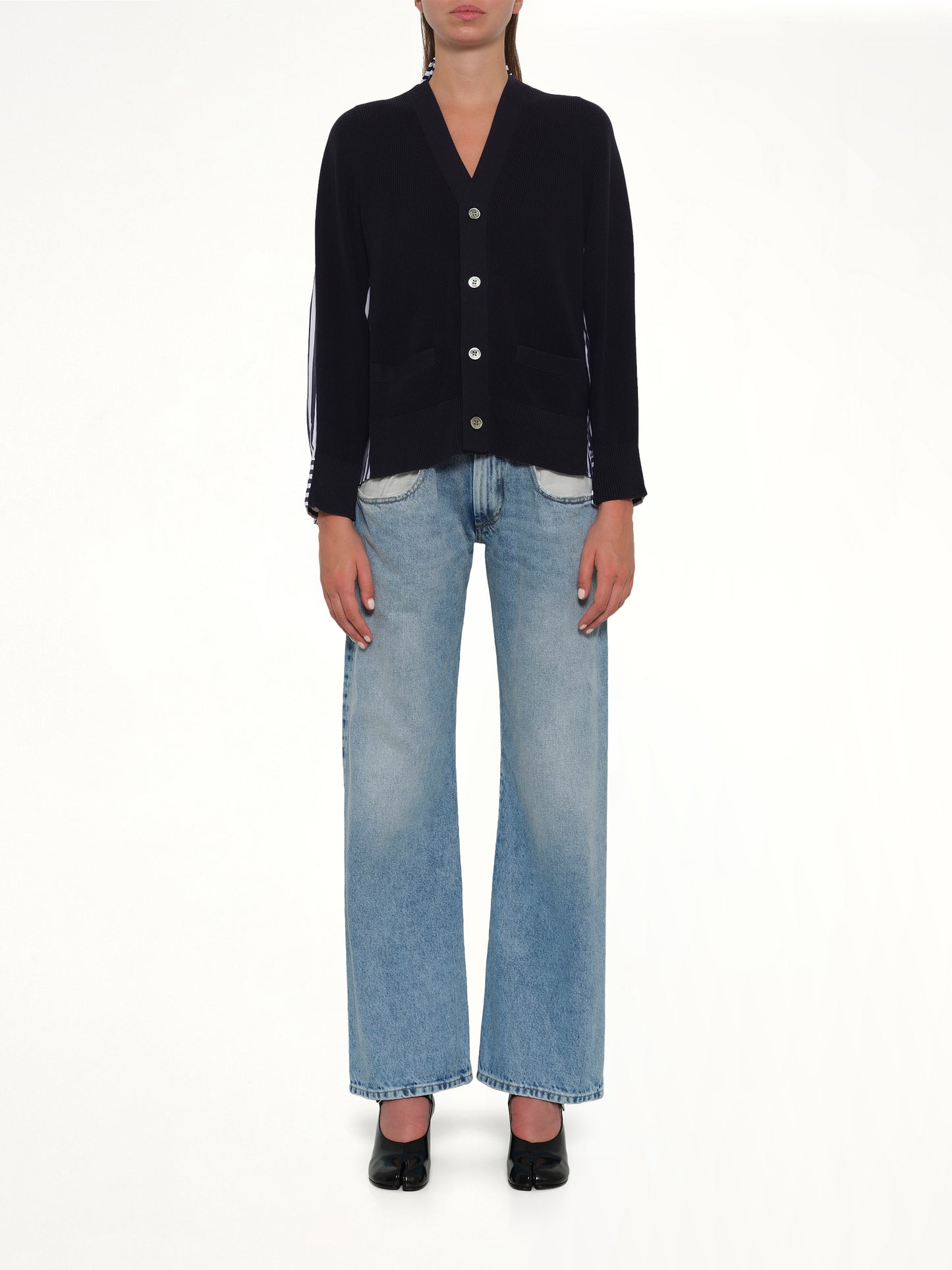 Cotton Knit x Cotton Poplin Cardigan in Navy