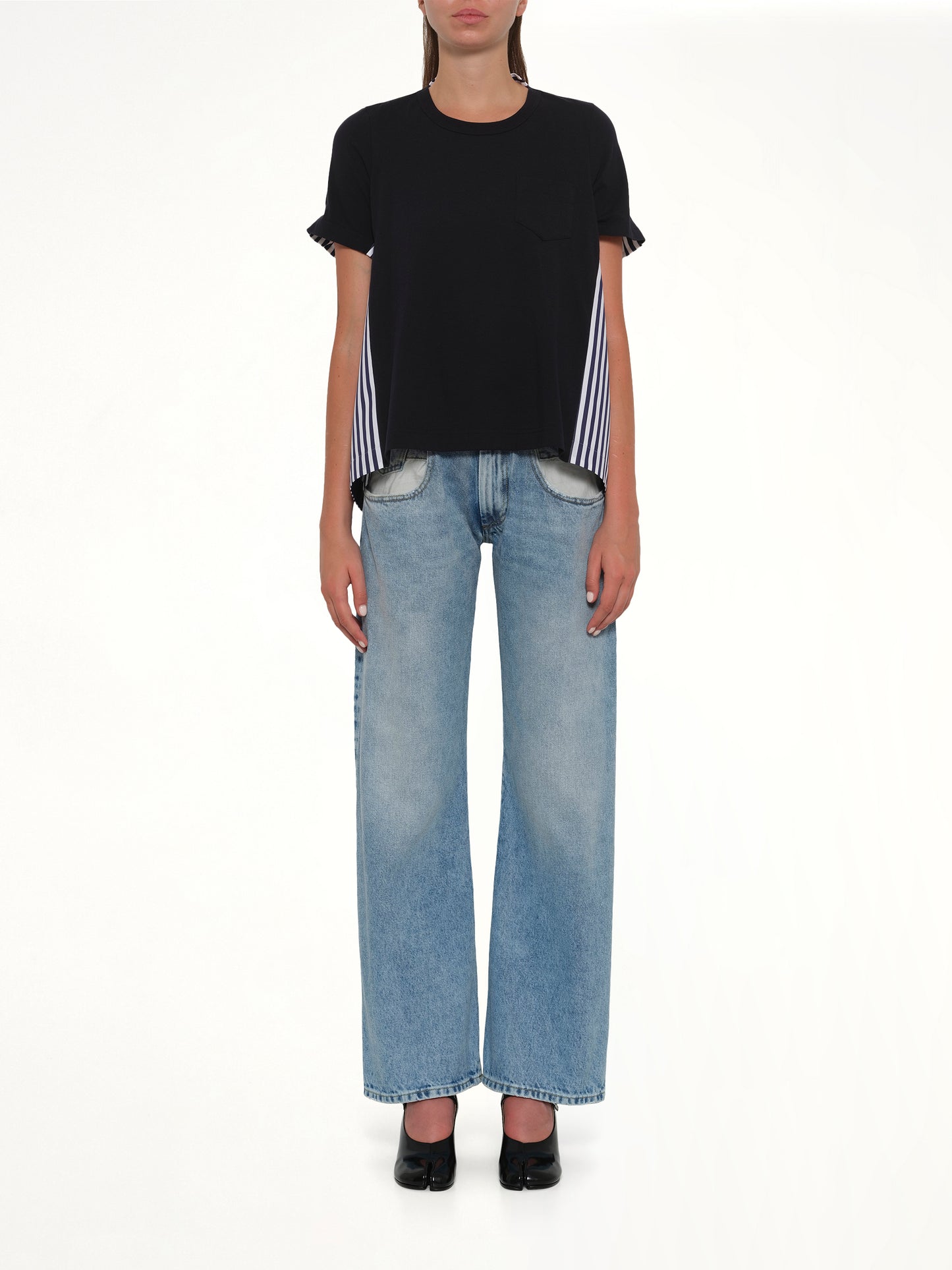 Cotton Poplin x Cotton Jersey T-Shirt in Navy/Stripe