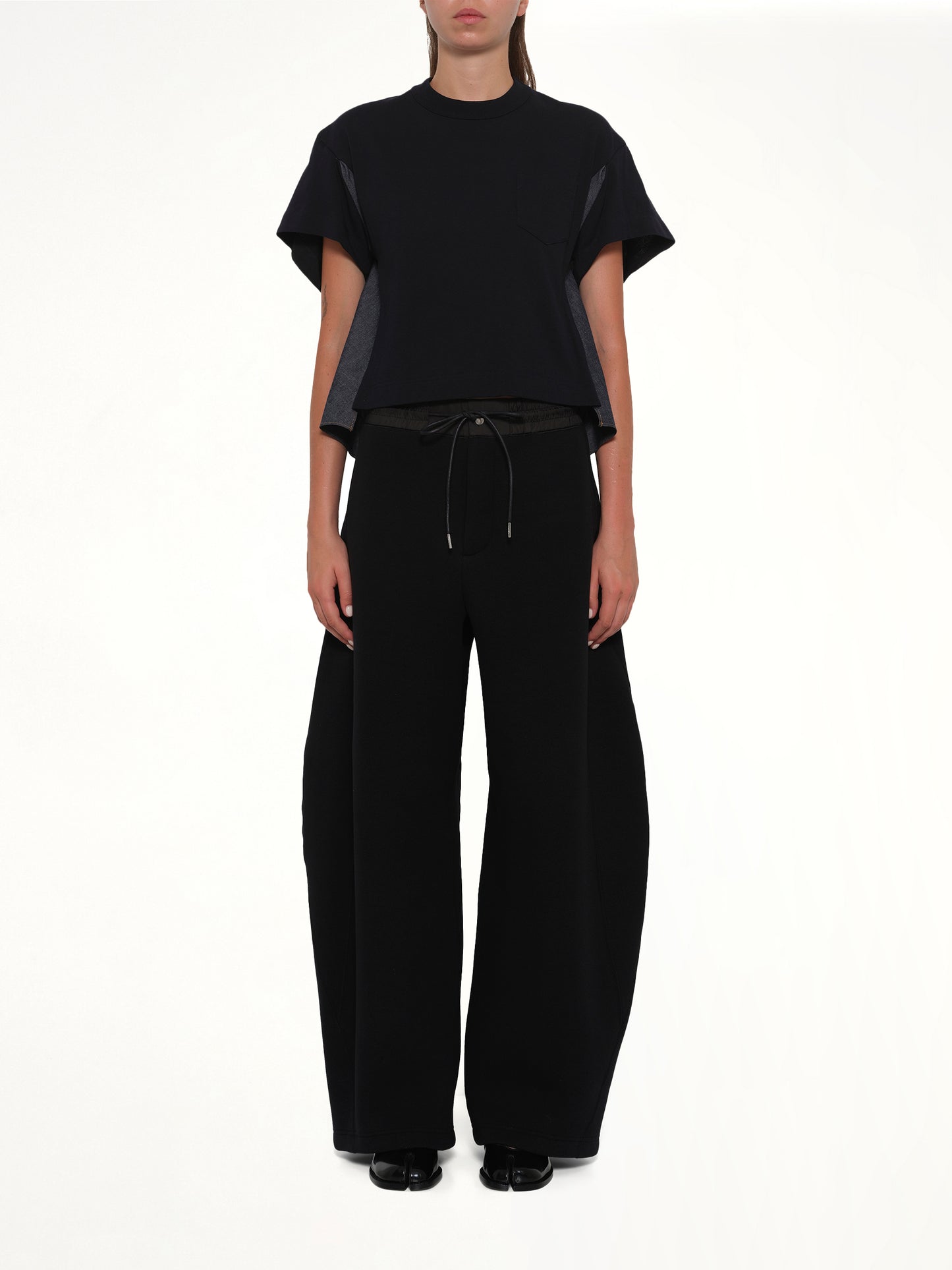 Light Weight Denim x Poplin Jersey T-Shirt in Navy/Blue