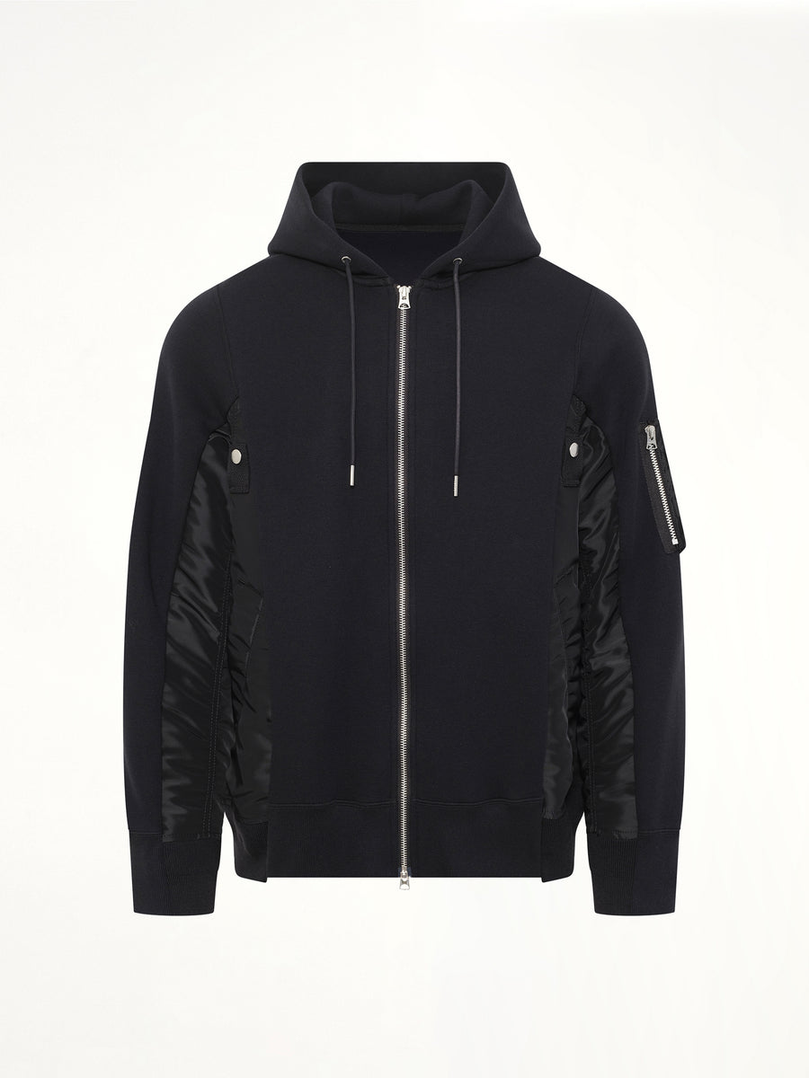 Sponge Sweat x Nylon Twill Zip Hoodie in Black