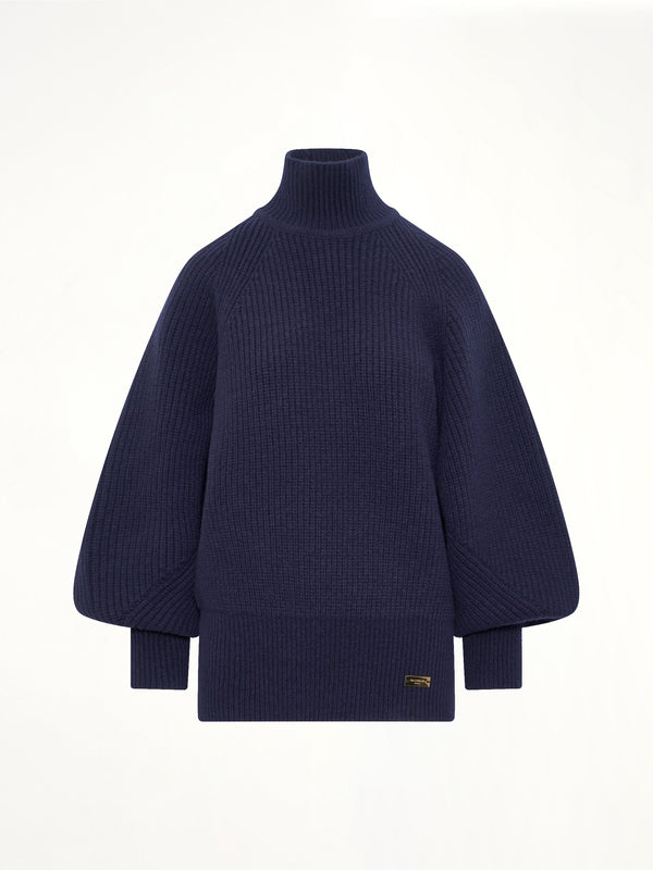 Batwing Ribbed Knit Pullover in Blue