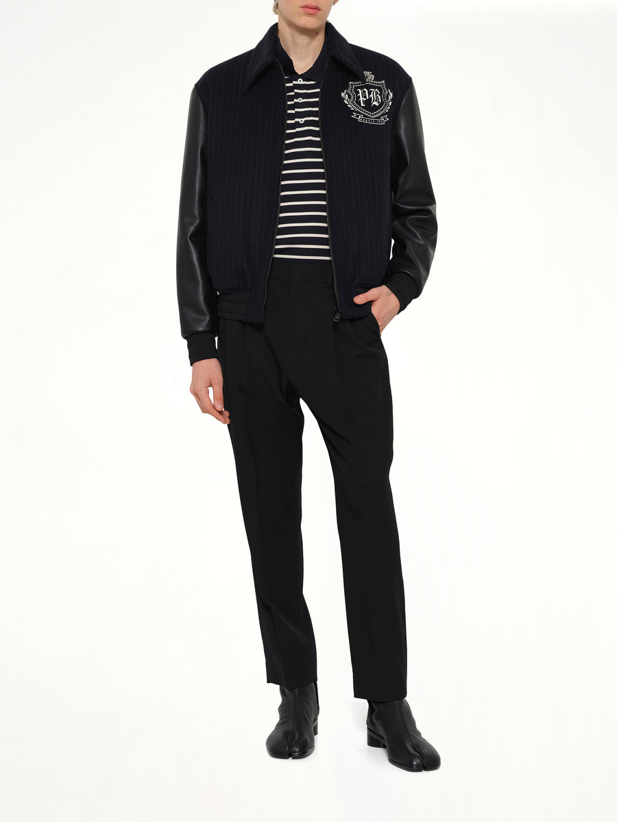 Pinstripe Wool Varsity Jacket in Blue Marine