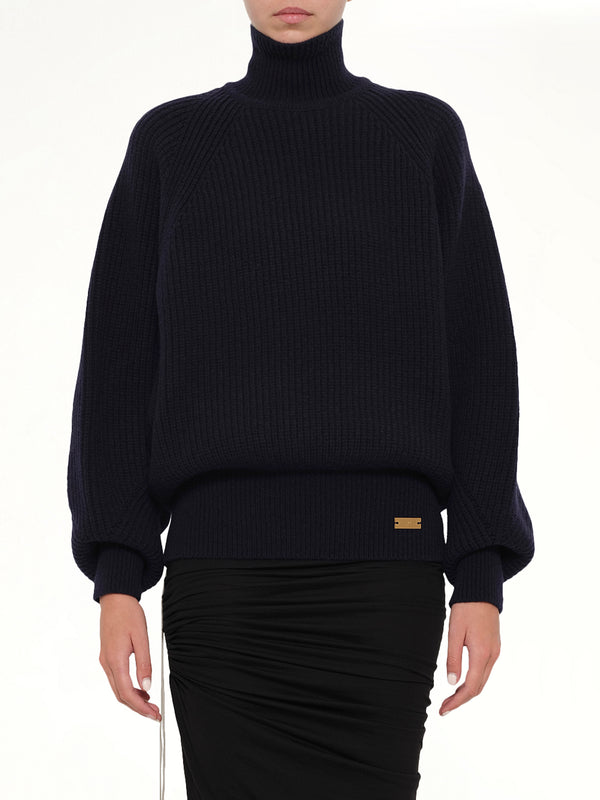 Batwing Ribbed Knit Pullover in Blue