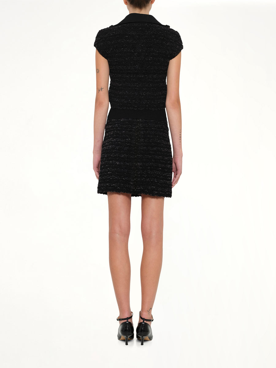 Zipped Short Sleeve Knit Tweed Top in Black