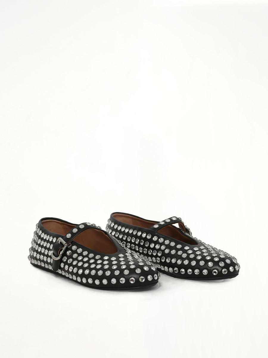 Strass Lambskin Ballet Flats in Black Front View | ALAIA
