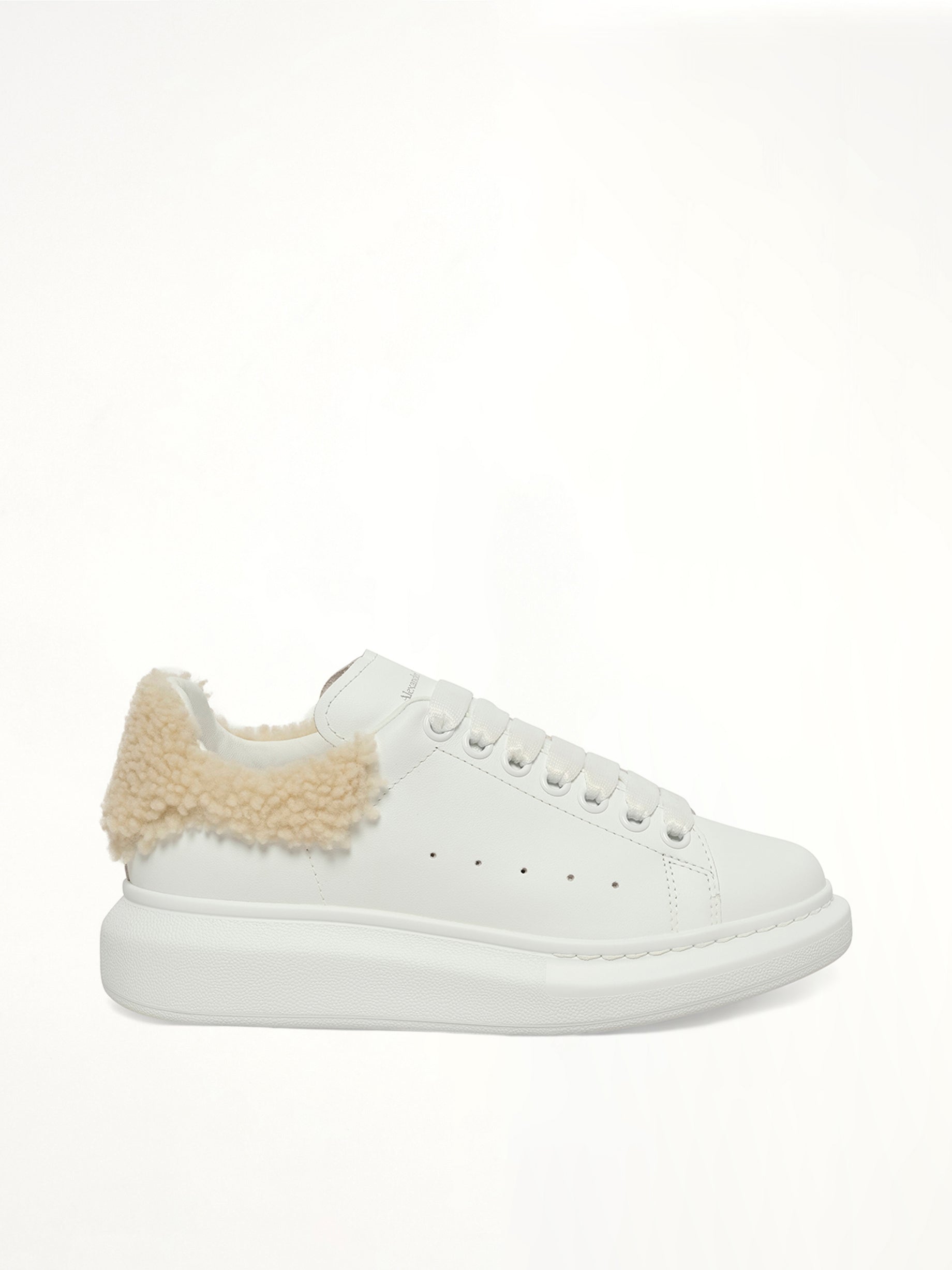 Larry Fur Heel Sneaker in White/Beige Side View | ALEXANDER MCQUEEN