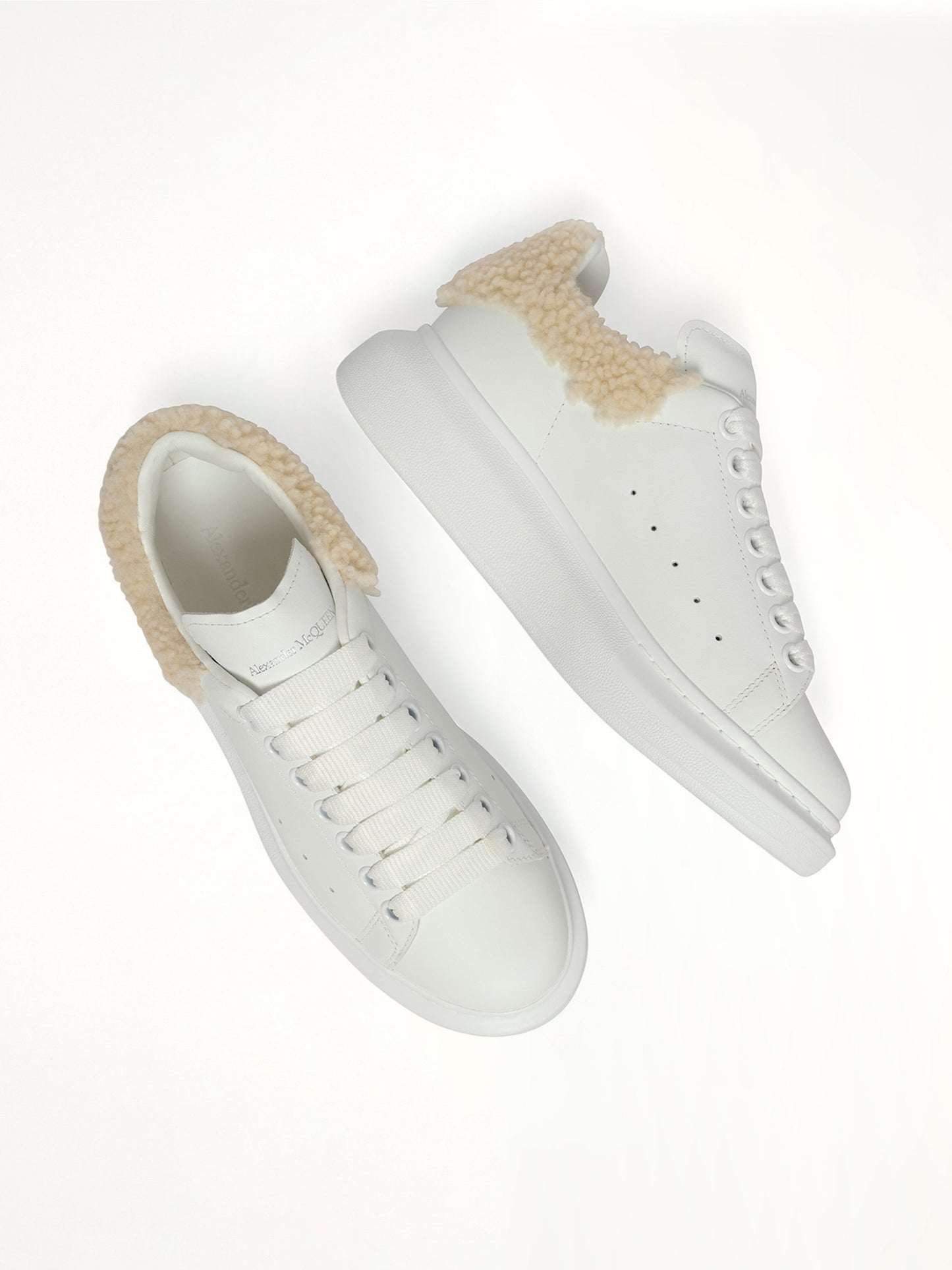 Larry Fur Heel Sneaker in White/Beige Top View | ALEXANDER MCQUEEN